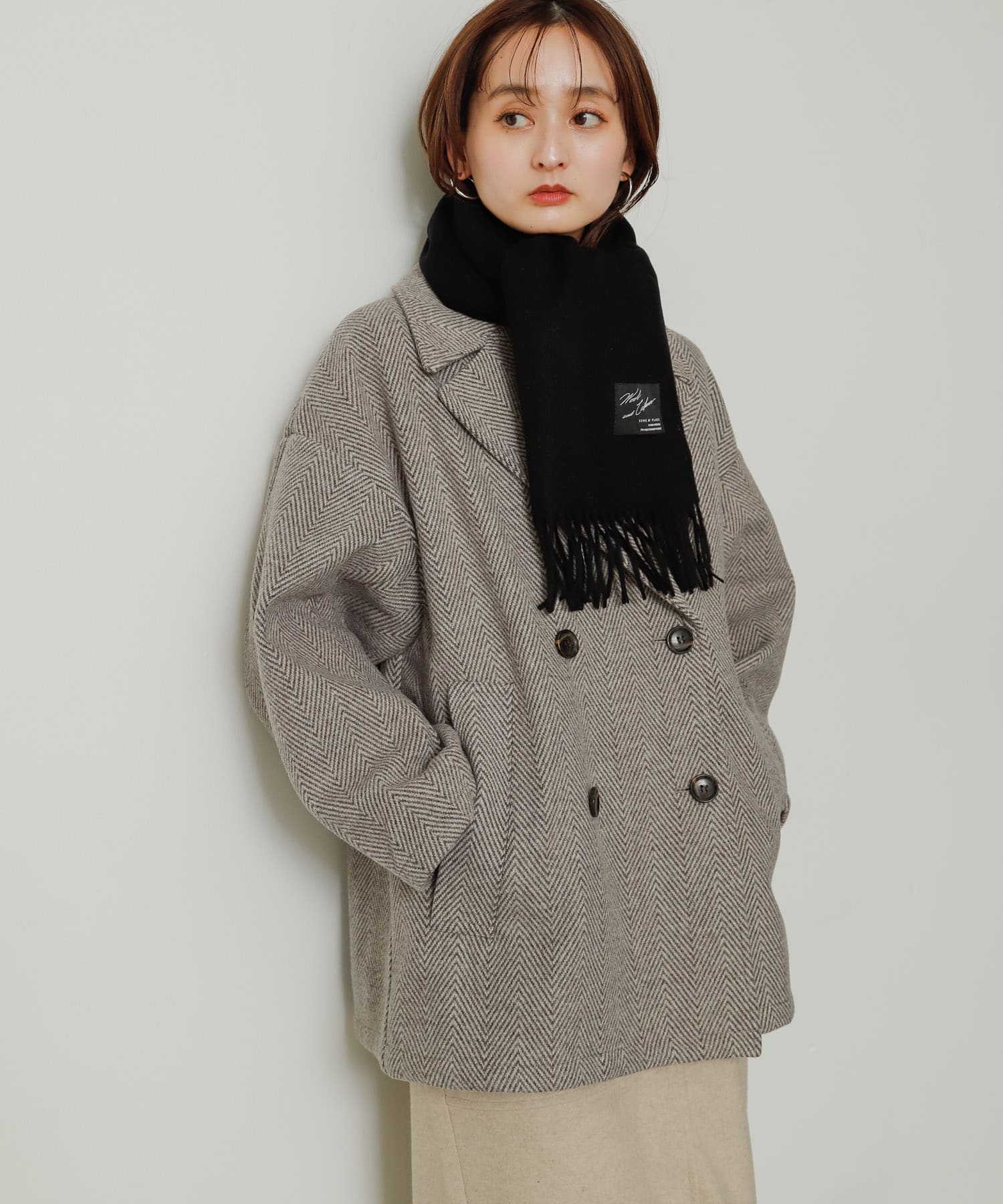 カシミヤ混ウールストール BLACK one