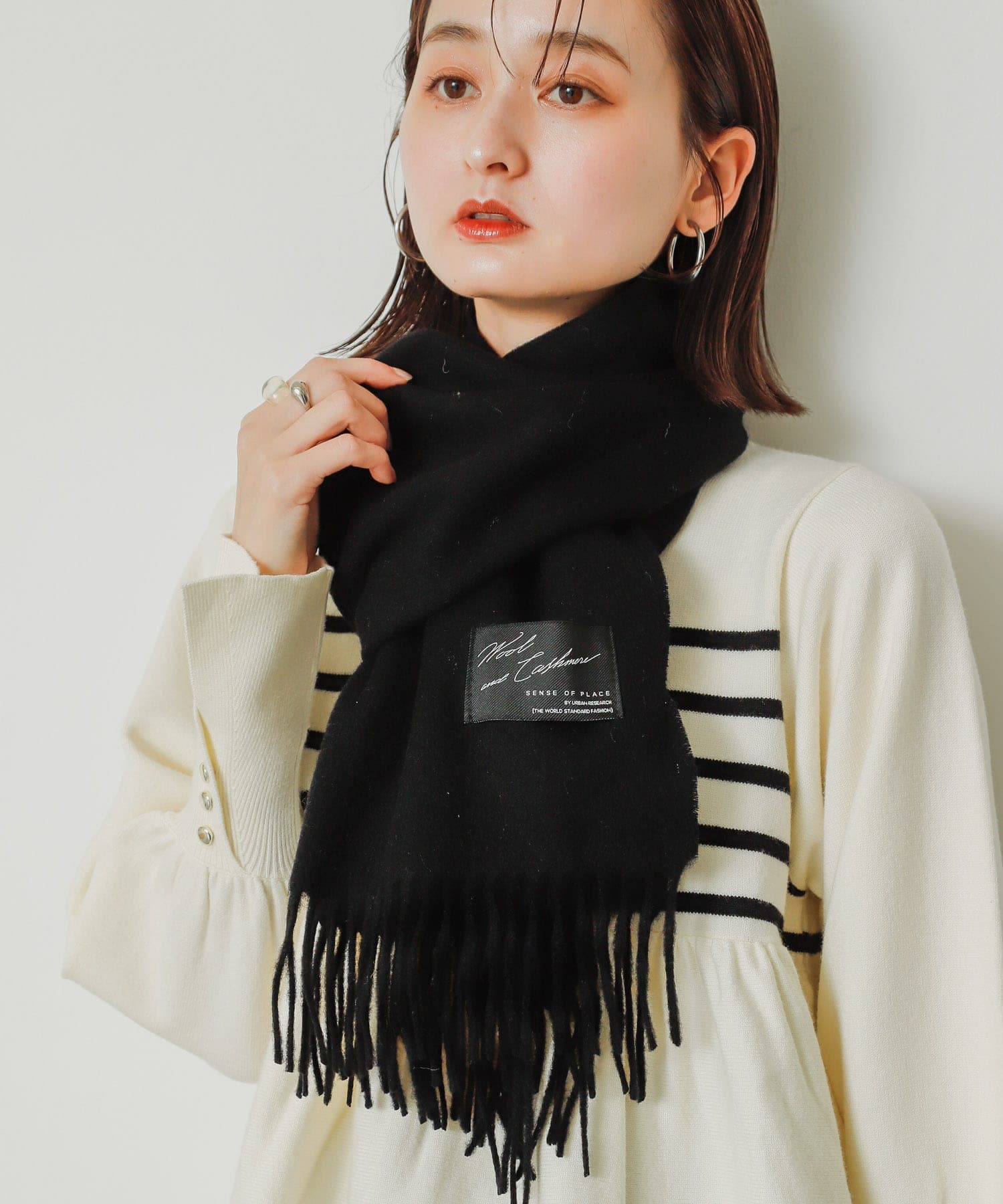 カシミヤ混ウールストール BLACK one