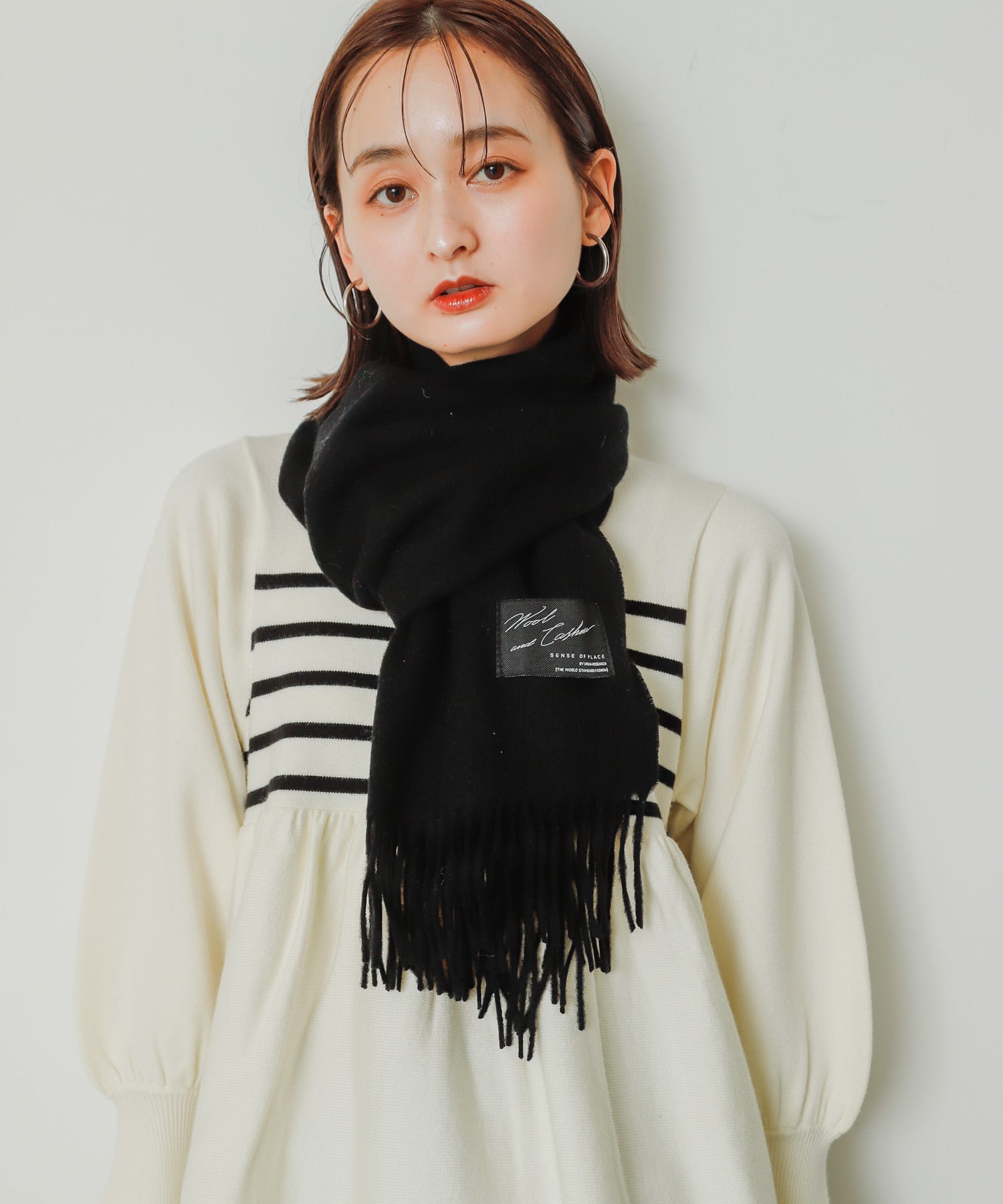 カシミヤ混ウールストール BLACK one