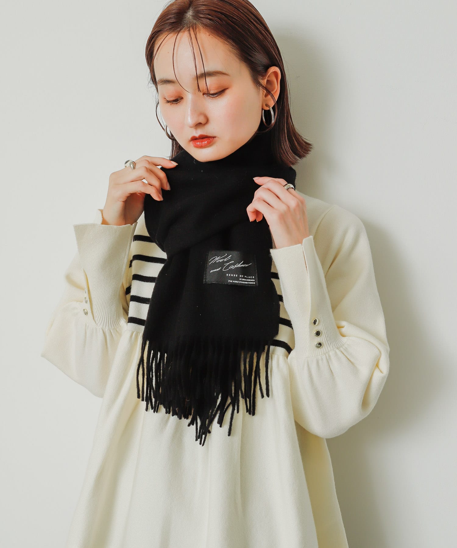 カシミヤ混ウールストール BLACK one