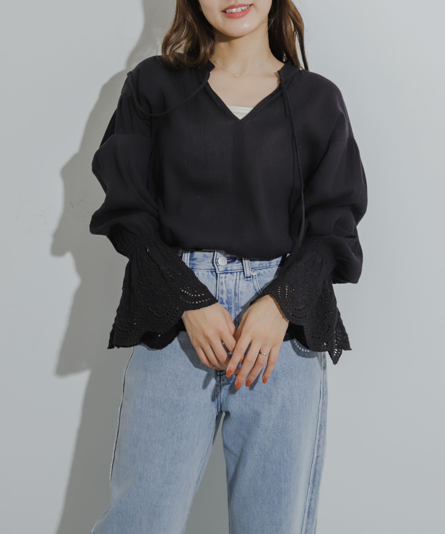 スカラップレースヨウリュウブラウス BLACK one