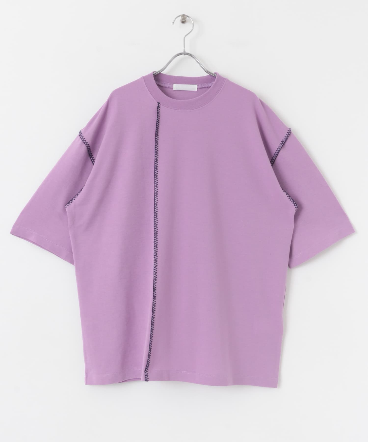 『ユニセックス』ブランケットステッチルーズTシャツ(5分袖) PPL×NVY M