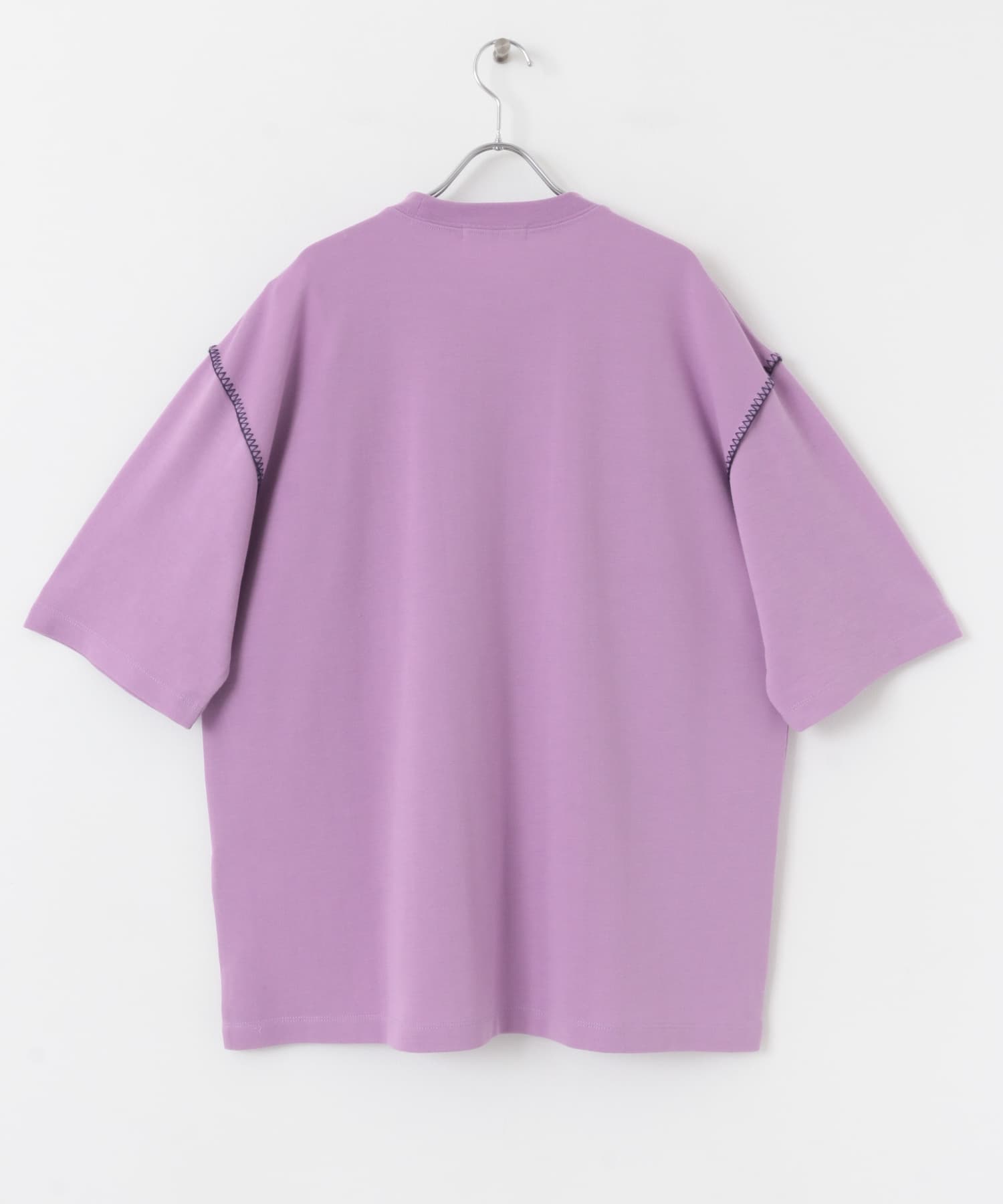 『ユニセックス』ブランケットステッチルーズTシャツ(5分袖) PPL×NVY M