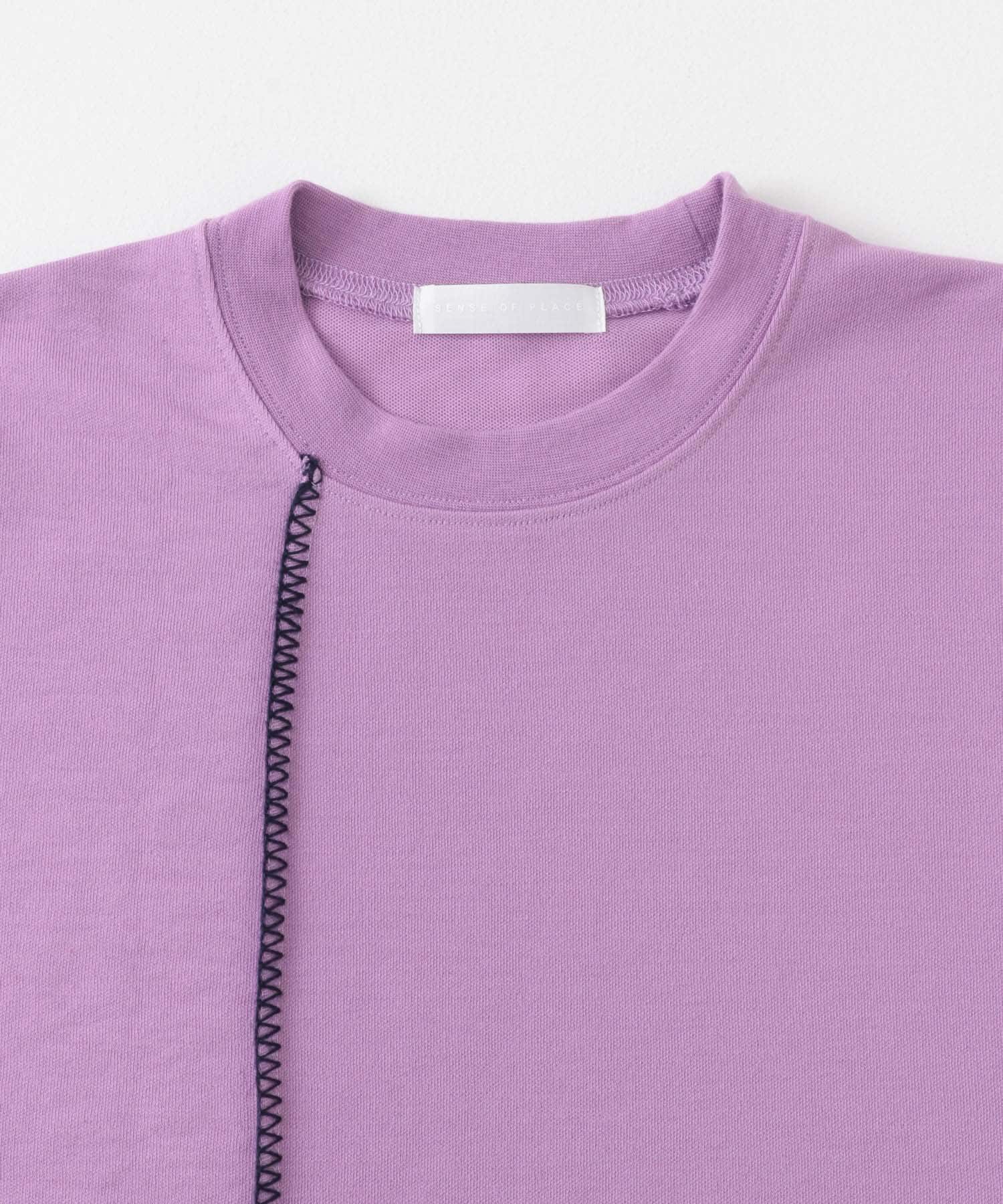 『ユニセックス』ブランケットステッチルーズTシャツ(5分袖) PPL×NVY M