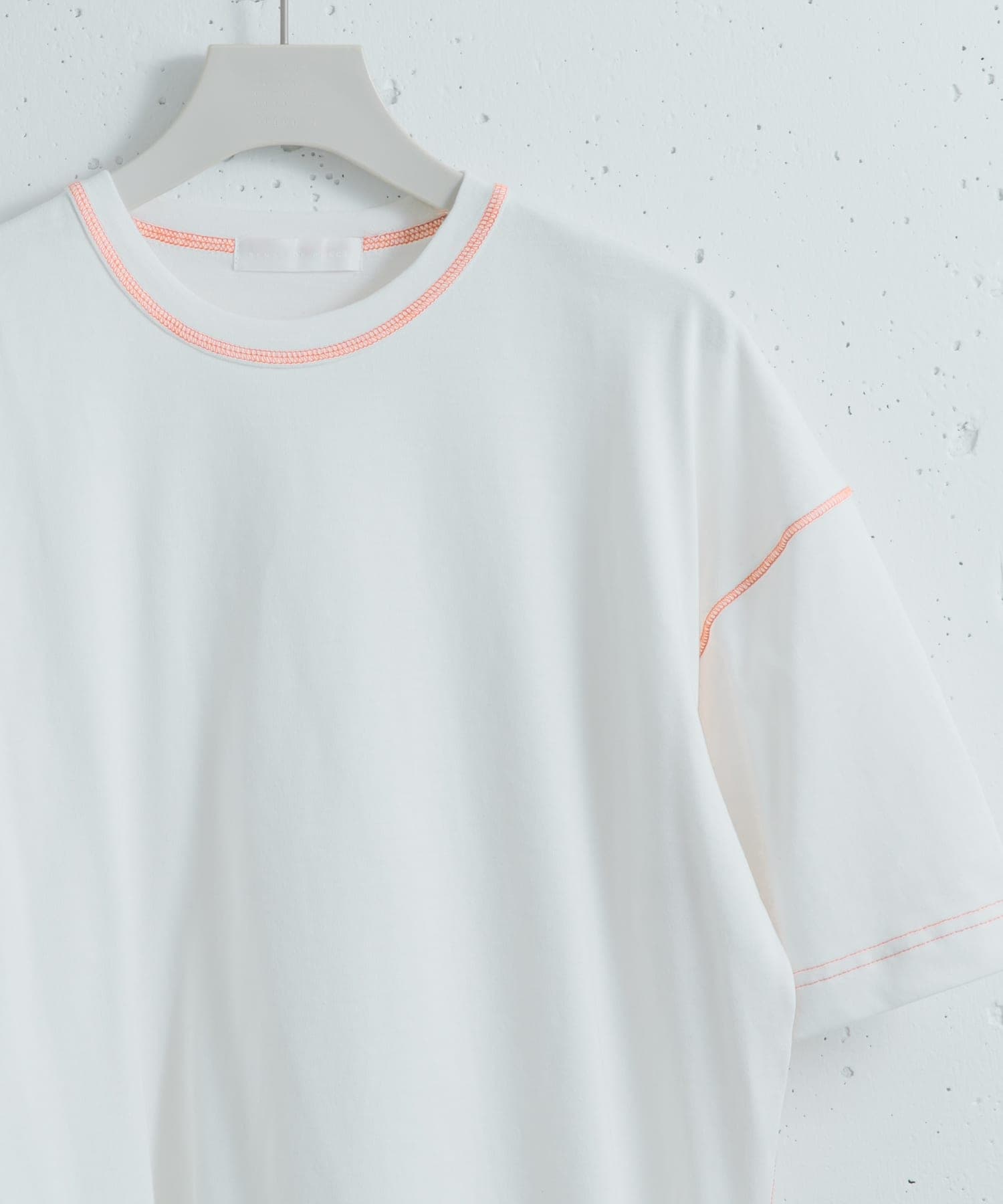 『ユニセックス』ハイショクステッチデザインT(5分袖) WHT×ORG M