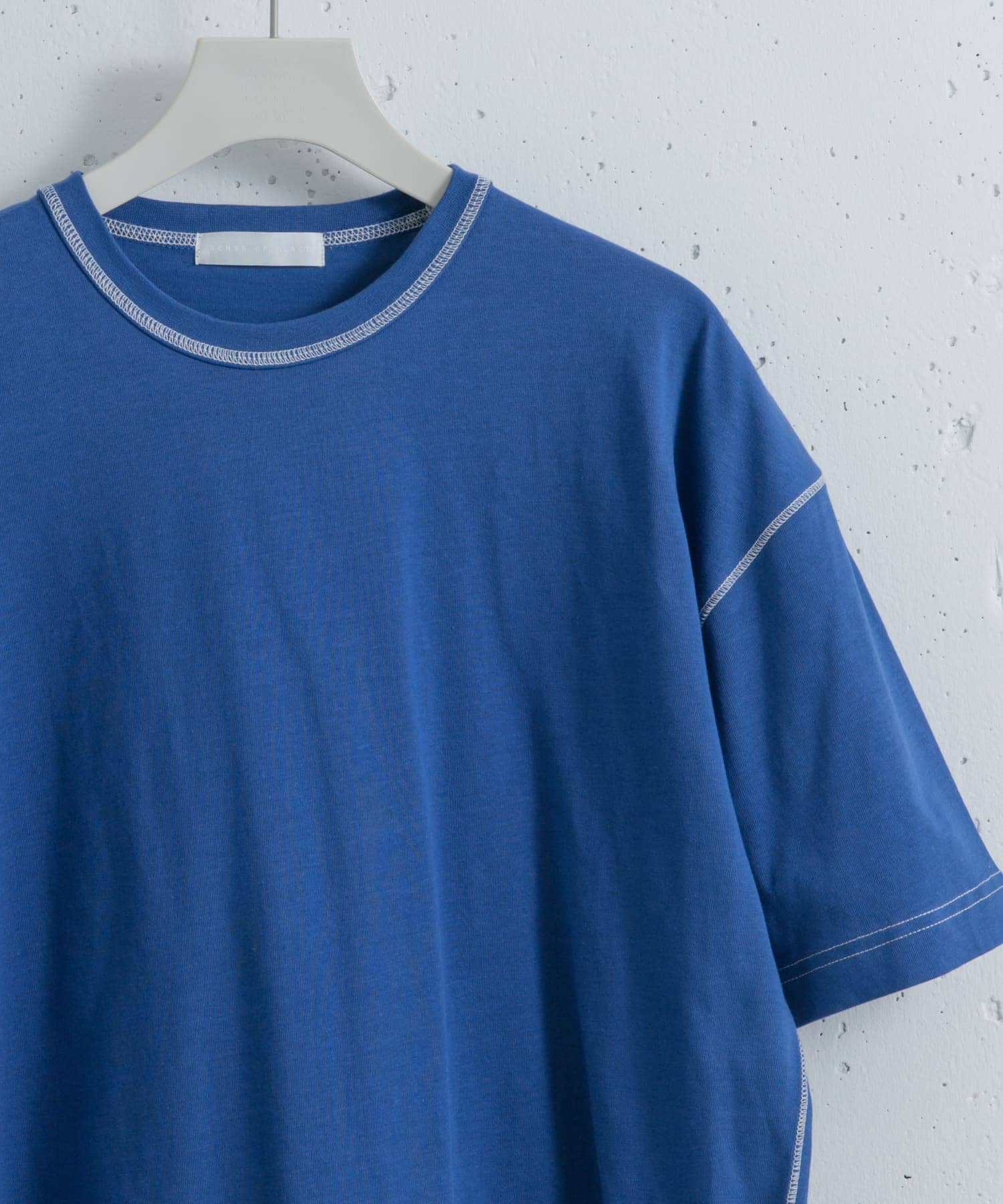 『ユニセックス』ハイショクステッチデザインT(5分袖) BLU×WHT L