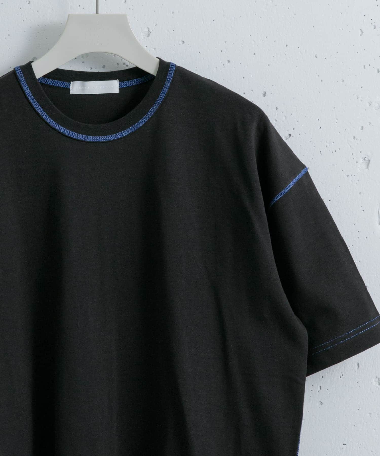 『ユニセックス』ハイショクステッチデザインT(5分袖) BLK×BLU L