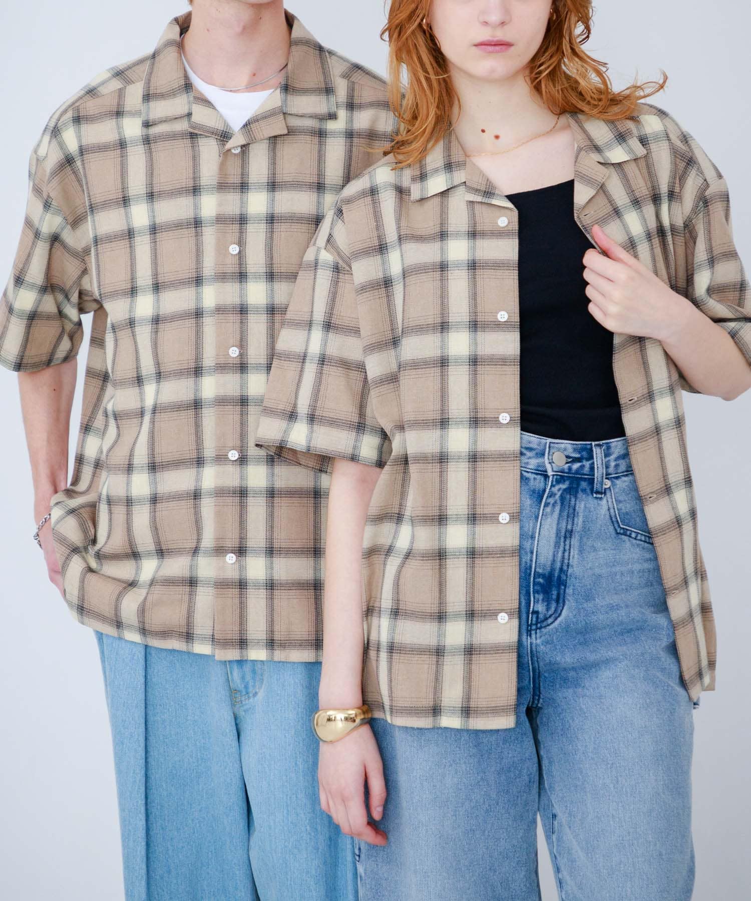 『Sサイズあり』『ユニセックス』オンブレチェックオープンカラーシャツ BEG×GRG S