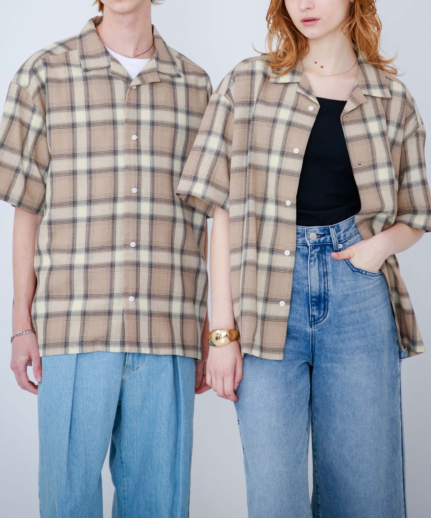 『Sサイズあり』『ユニセックス』オンブレチェックオープンカラーシャツ BEG×GRG S