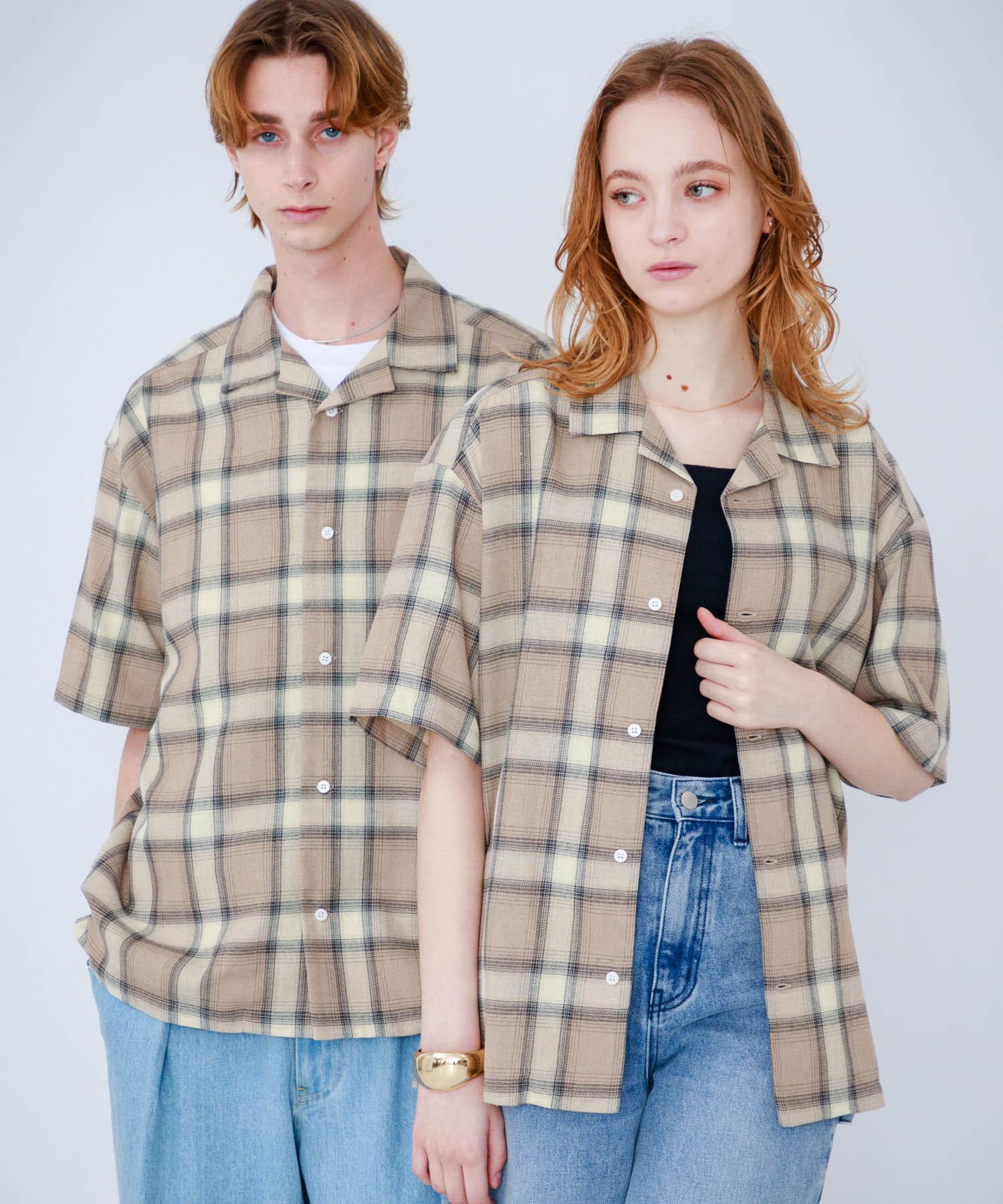 『Sサイズあり』『ユニセックス』オンブレチェックオープンカラーシャツ BEG×GRG S