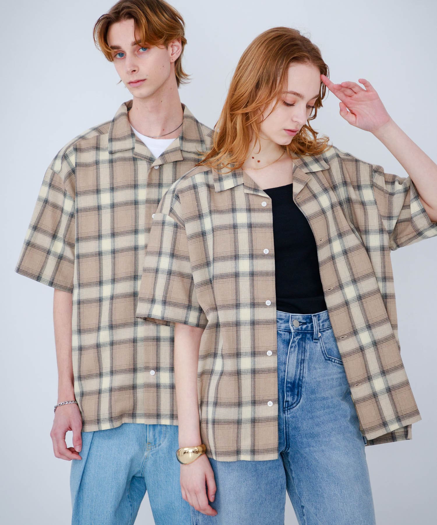 『Sサイズあり』『ユニセックス』オンブレチェックオープンカラーシャツ BEG×GRG S