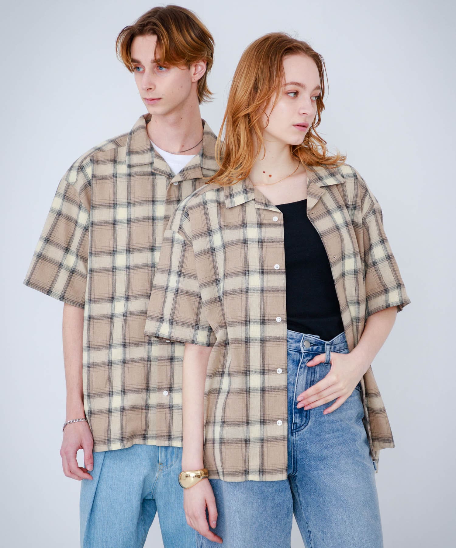 『Sサイズあり』『ユニセックス』オンブレチェックオープンカラーシャツ BEG×GRG M