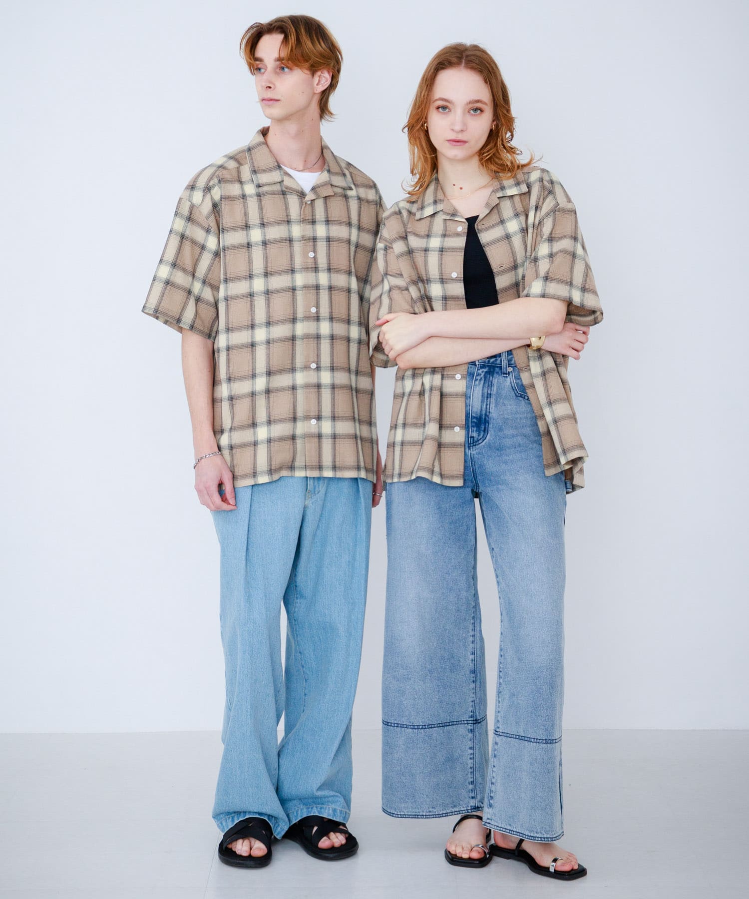 『Sサイズあり』『ユニセックス』オンブレチェックオープンカラーシャツ BEG×GRG M