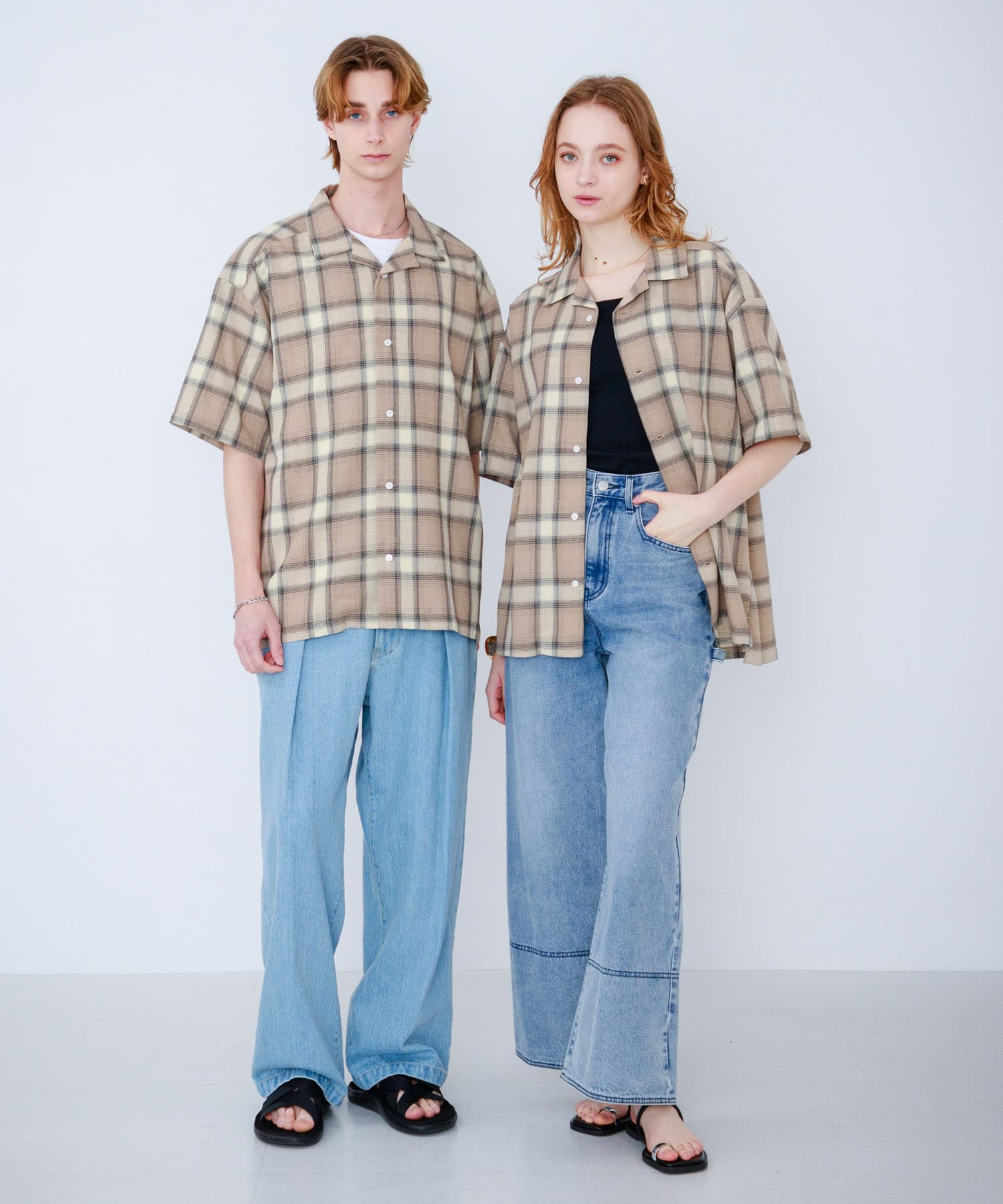 『Sサイズあり』『ユニセックス』オンブレチェックオープンカラーシャツ BEG×GRG M