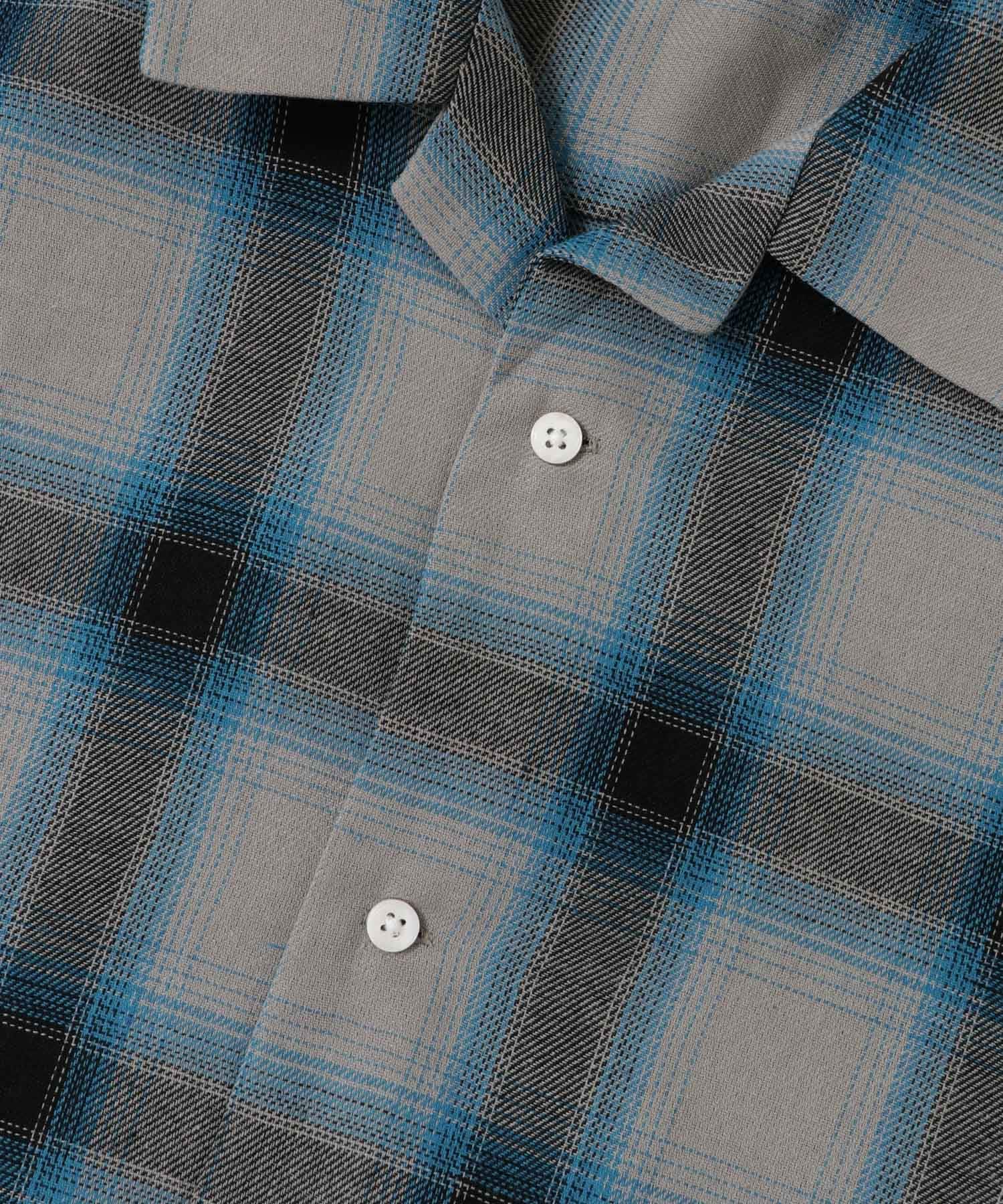 『Sサイズあり』『ユニセックス』オンブレチェックオープンカラーシャツ GRY×BLUE S