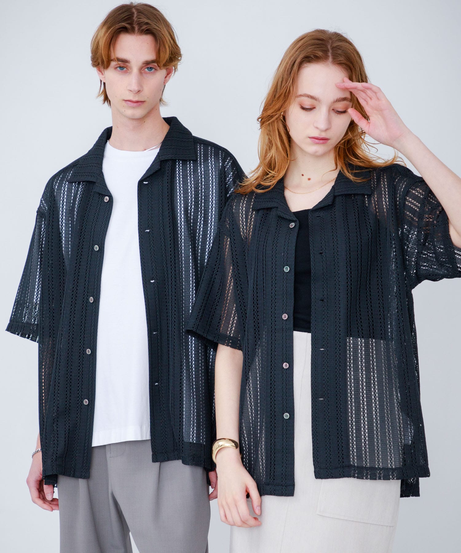 『ユニセックス』『洗濯可』アソートレースオープンカラーシャツ(5分袖) BLACK S