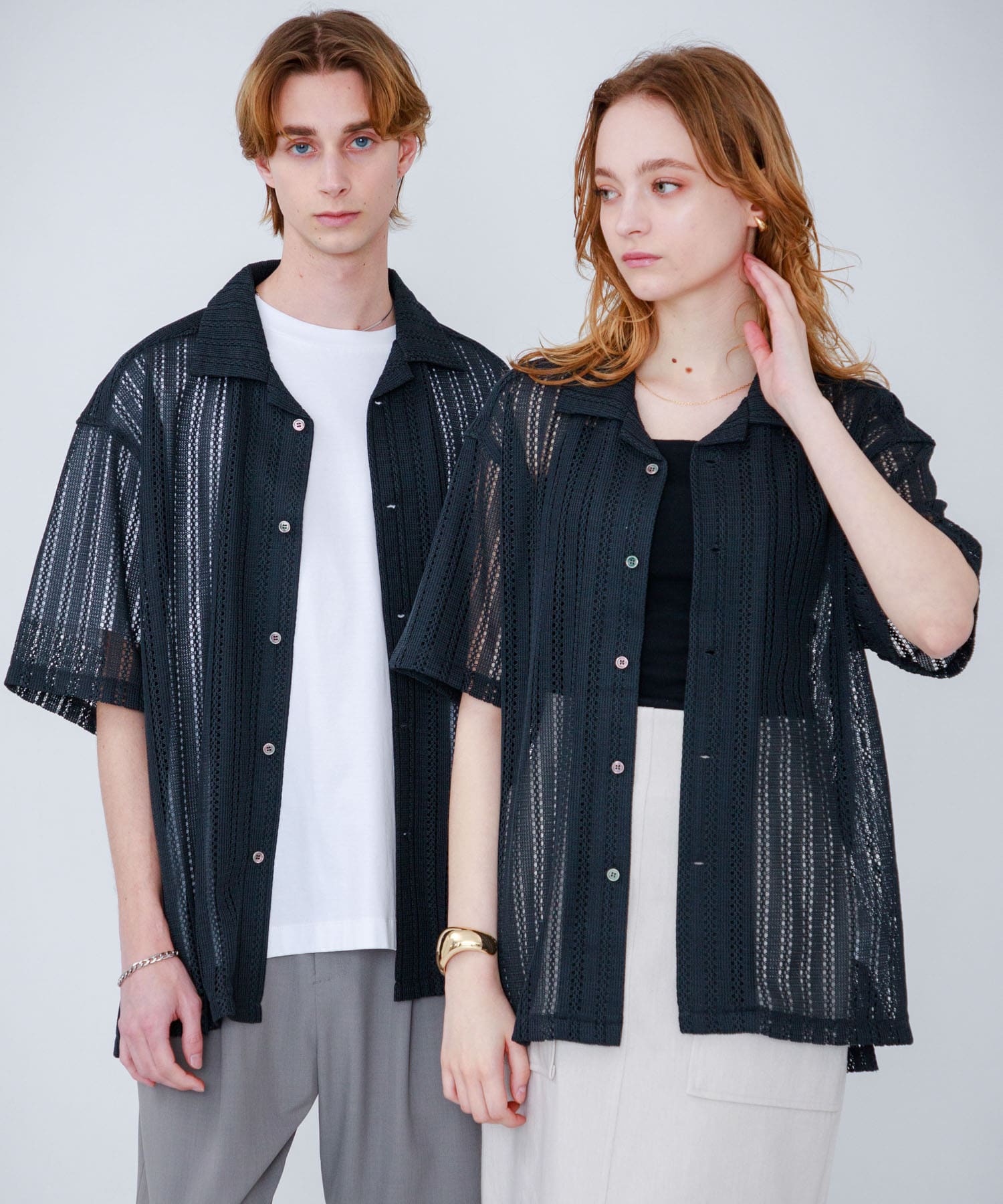 『ユニセックス』『洗濯可』アソートレースオープンカラーシャツ(5分袖) BLACK S