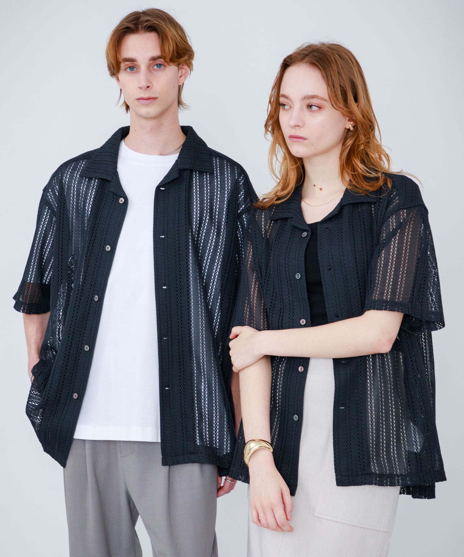 『ユニセックス』『洗濯可』アソートレースオープンカラーシャツ(5分袖) BLACK S