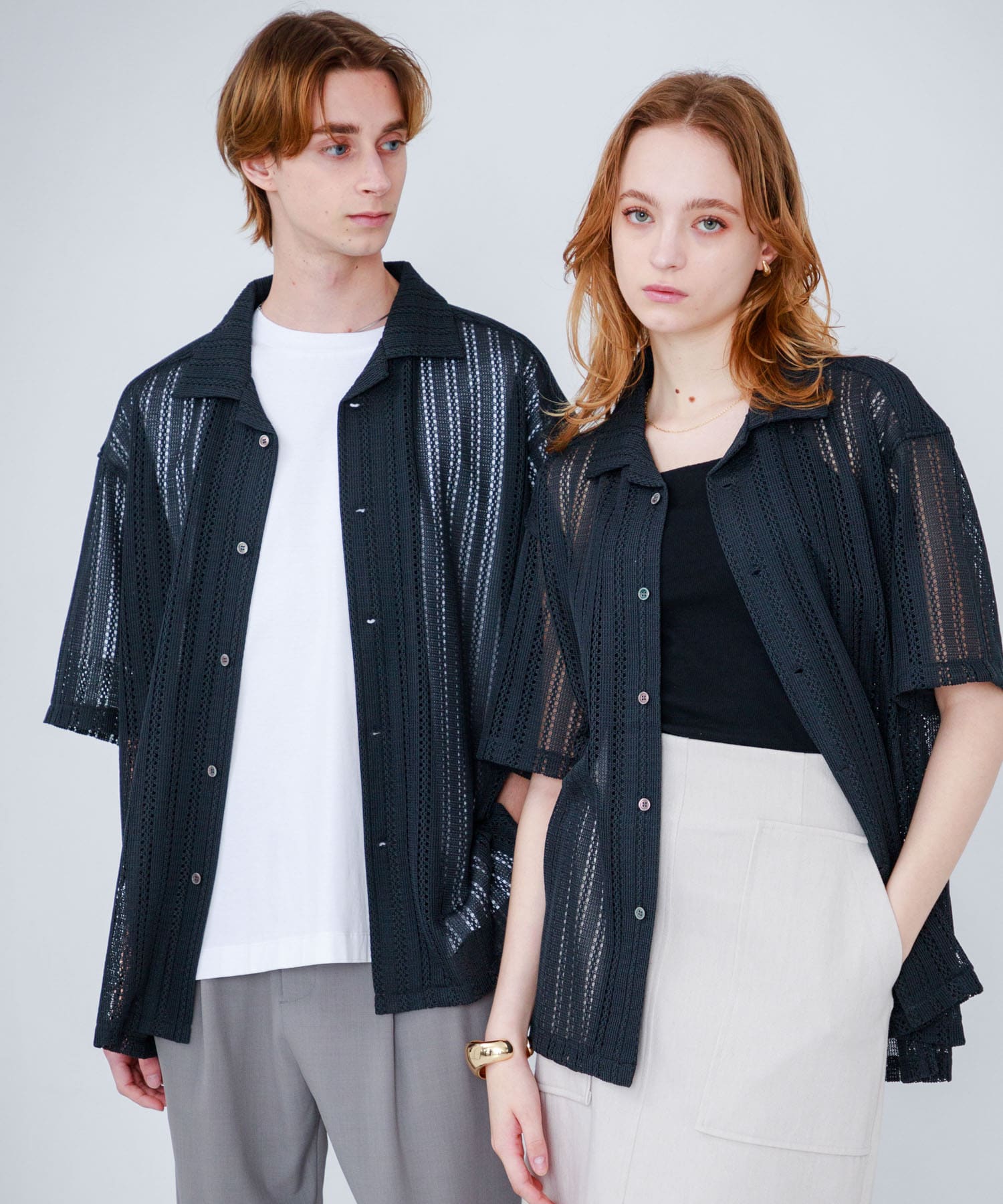 『ユニセックス』『洗濯可』アソートレースオープンカラーシャツ(5分袖) BLACK S