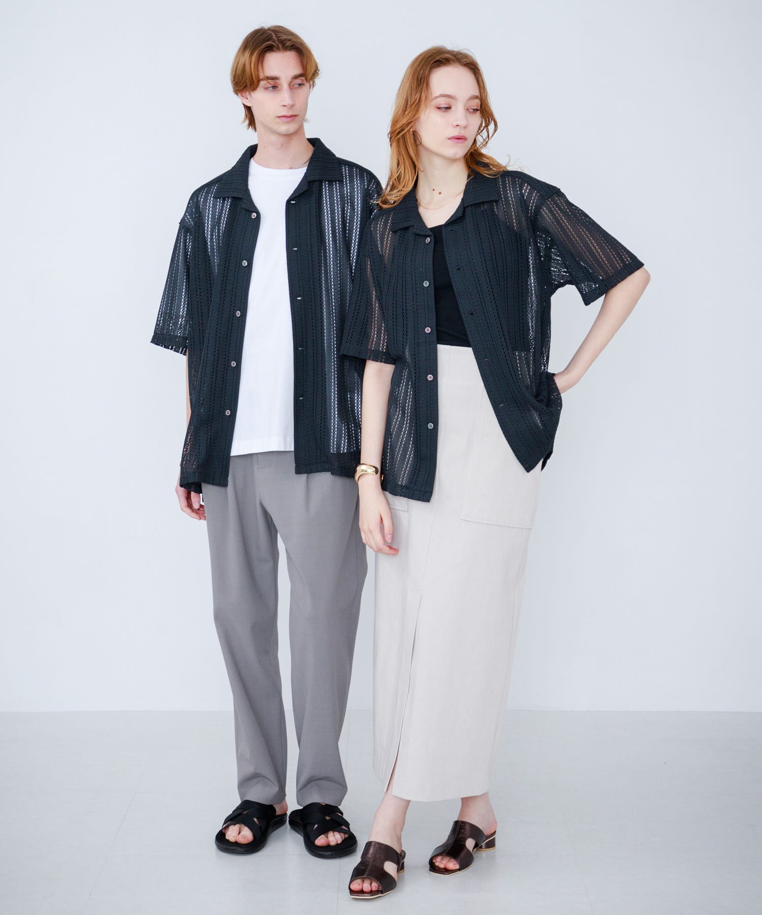 『ユニセックス』『洗濯可』アソートレースオープンカラーシャツ(5分袖) BLACK S