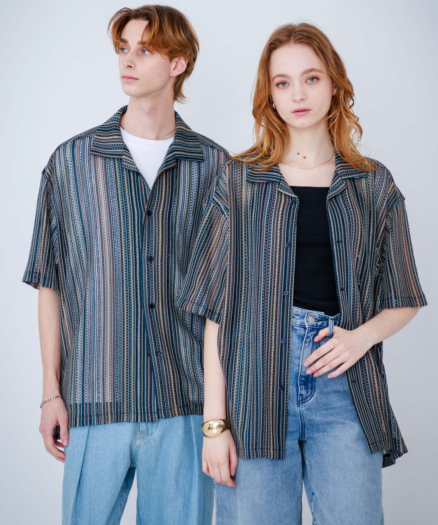 『ユニセックス』『洗濯可』アソートレースオープンカラーシャツ(5分袖) NVY×BEG S