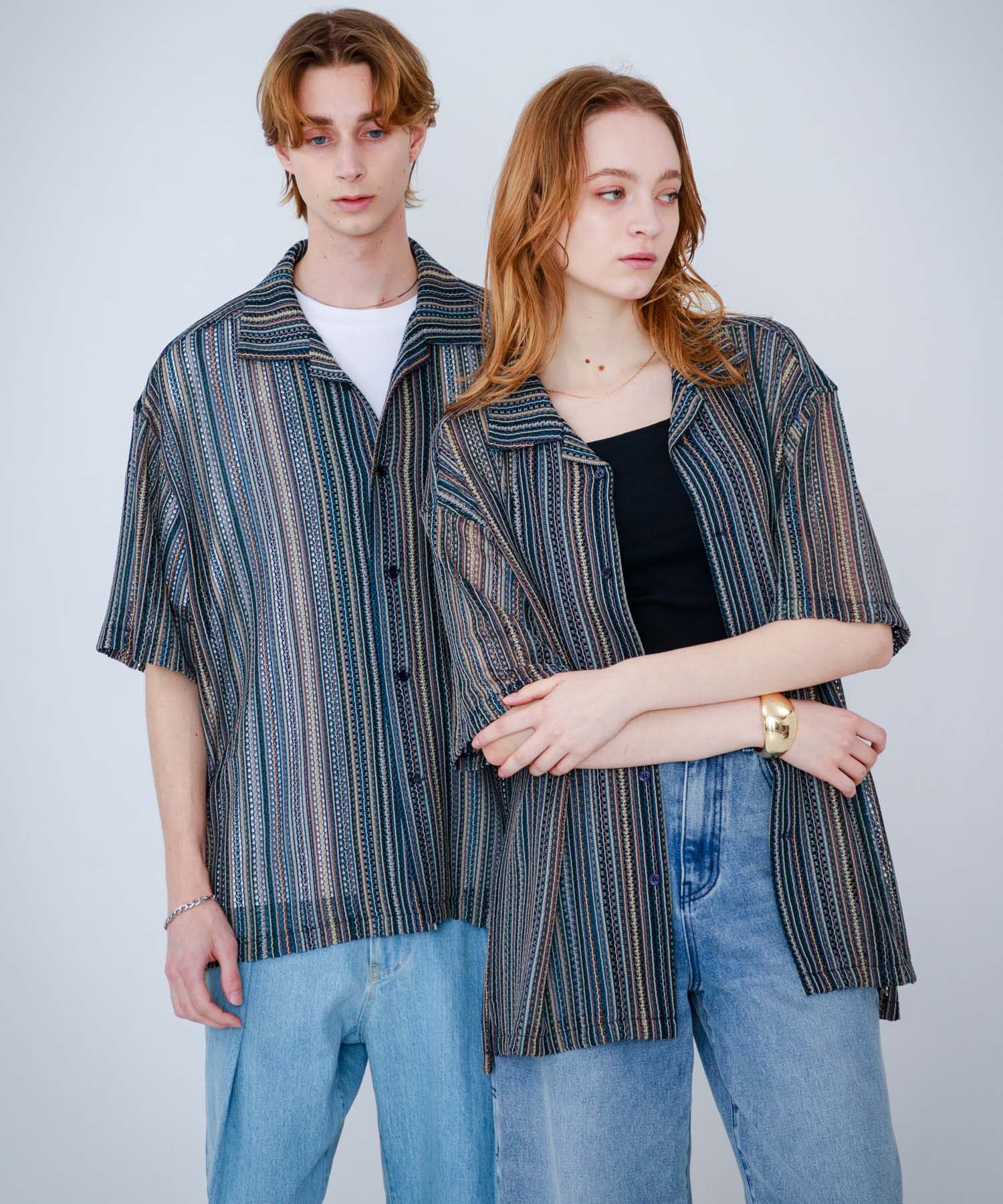 『ユニセックス』『洗濯可』アソートレースオープンカラーシャツ(5分袖) NVY×BEG S