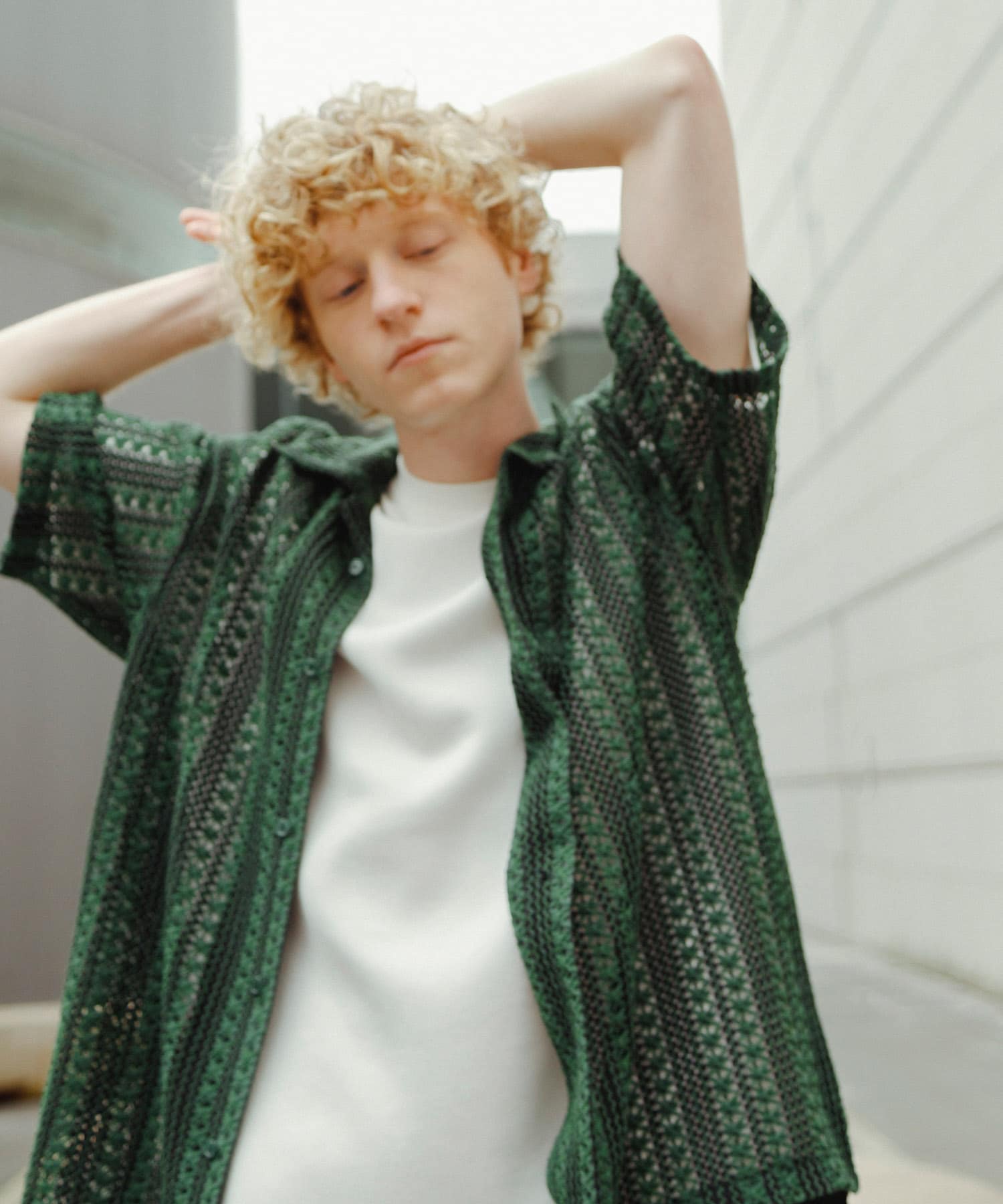 『ユニセックス』『洗濯可』アソートレースオープンカラーシャツ(5分袖) GRN×BLK S