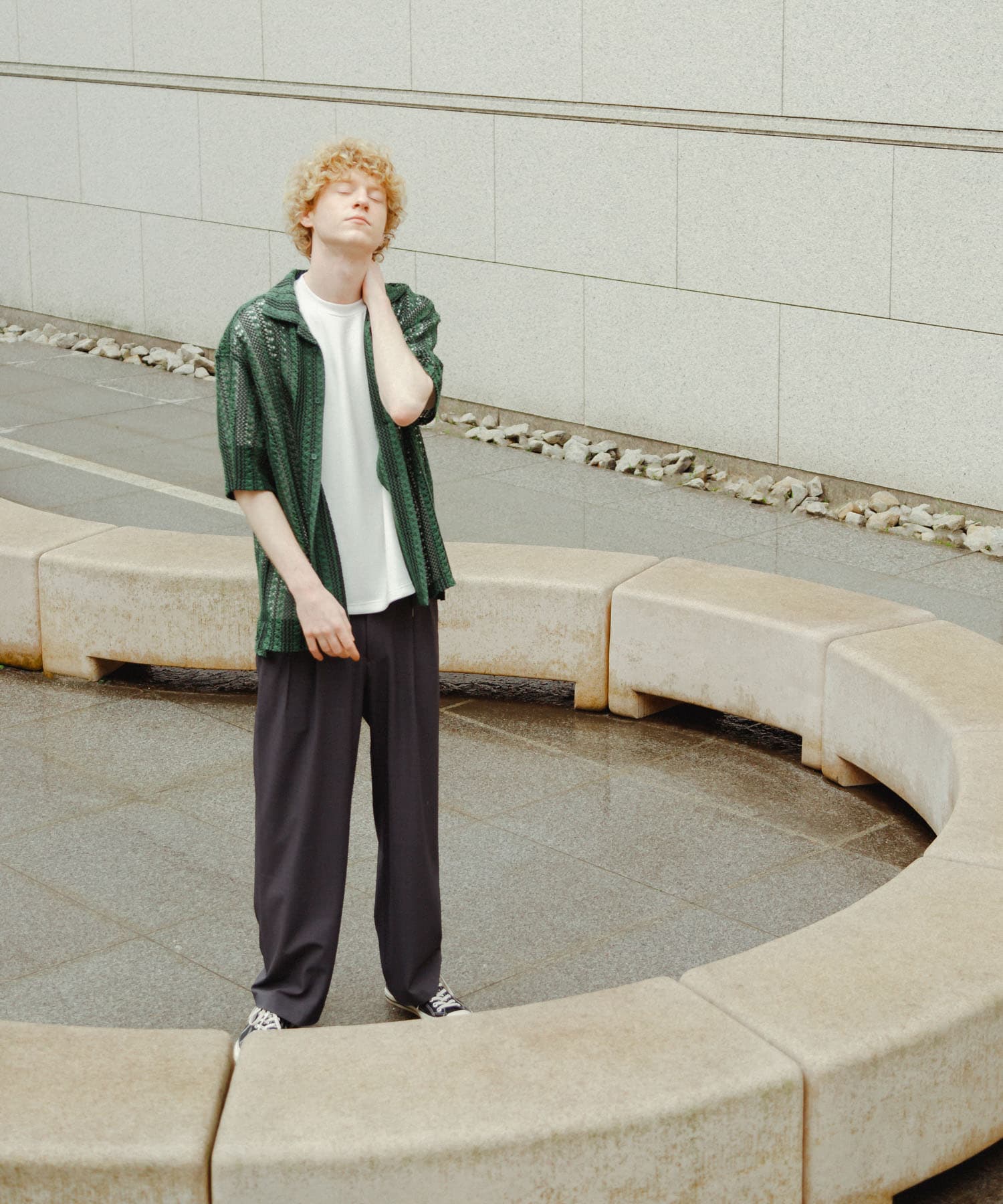 『ユニセックス』『洗濯可』アソートレースオープンカラーシャツ(5分袖) GRN×BLK S