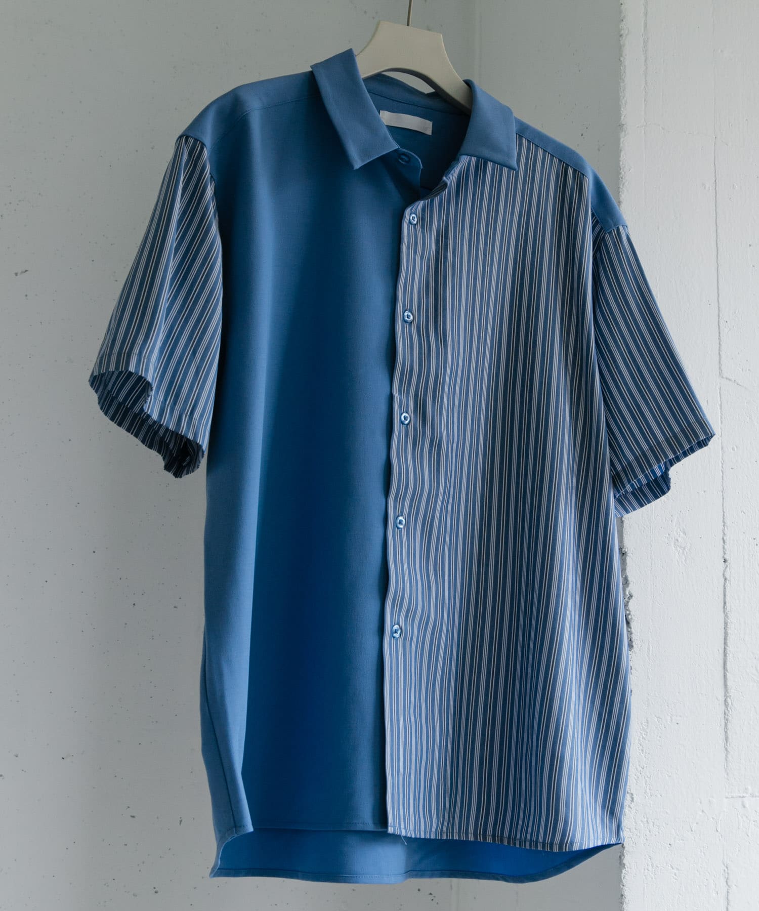 ストライプブロックドシャツ(5分袖) BLU×WHT L