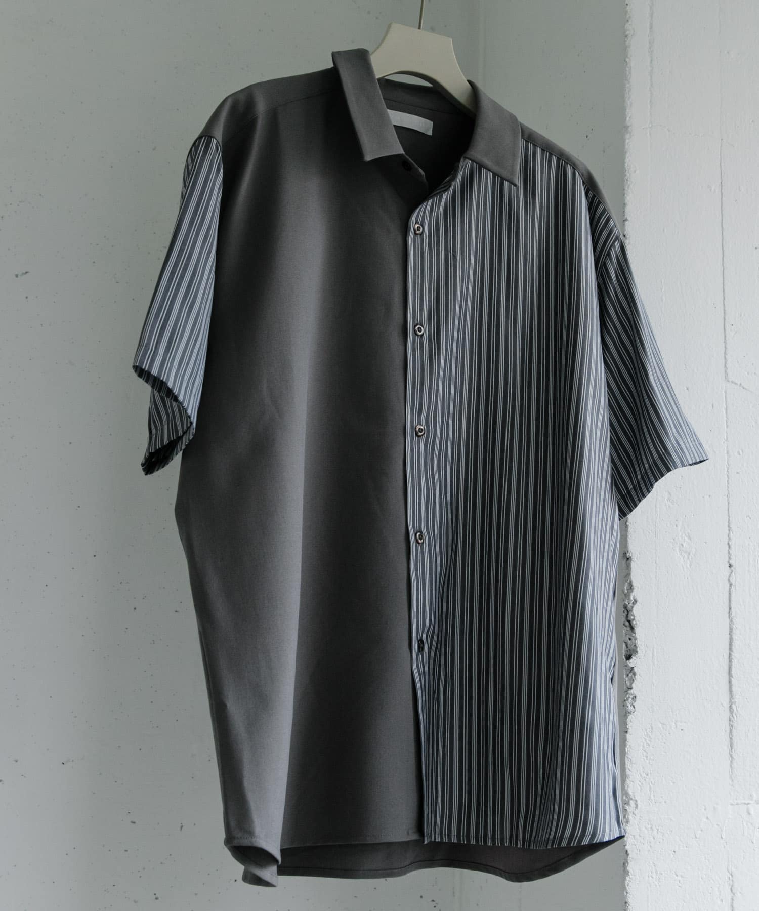 ストライプブロックドシャツ(5分袖) GRY×WHT M