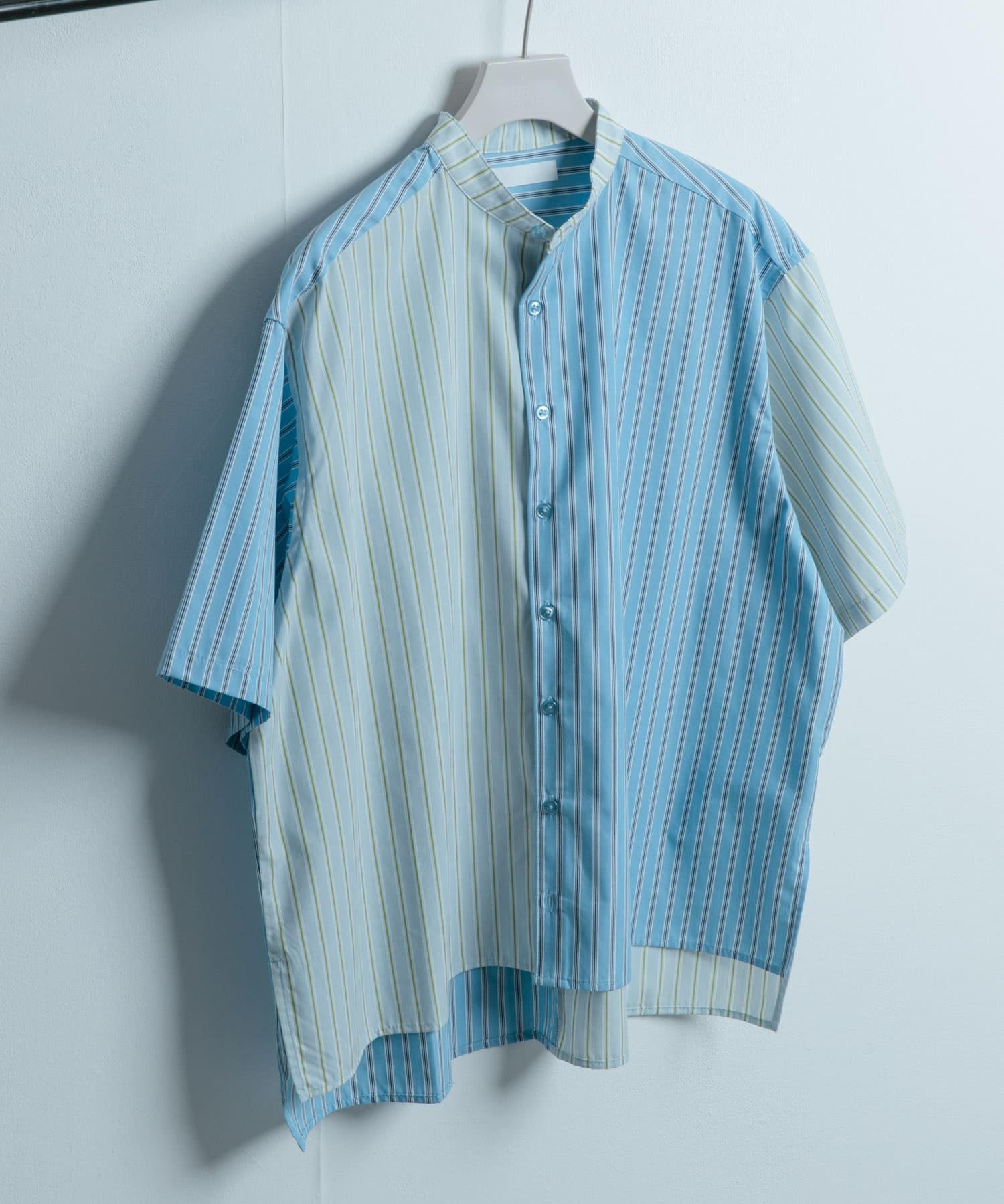 『ユニセックス』ストライプブロックドルーズシャツ BLU×LBLU M