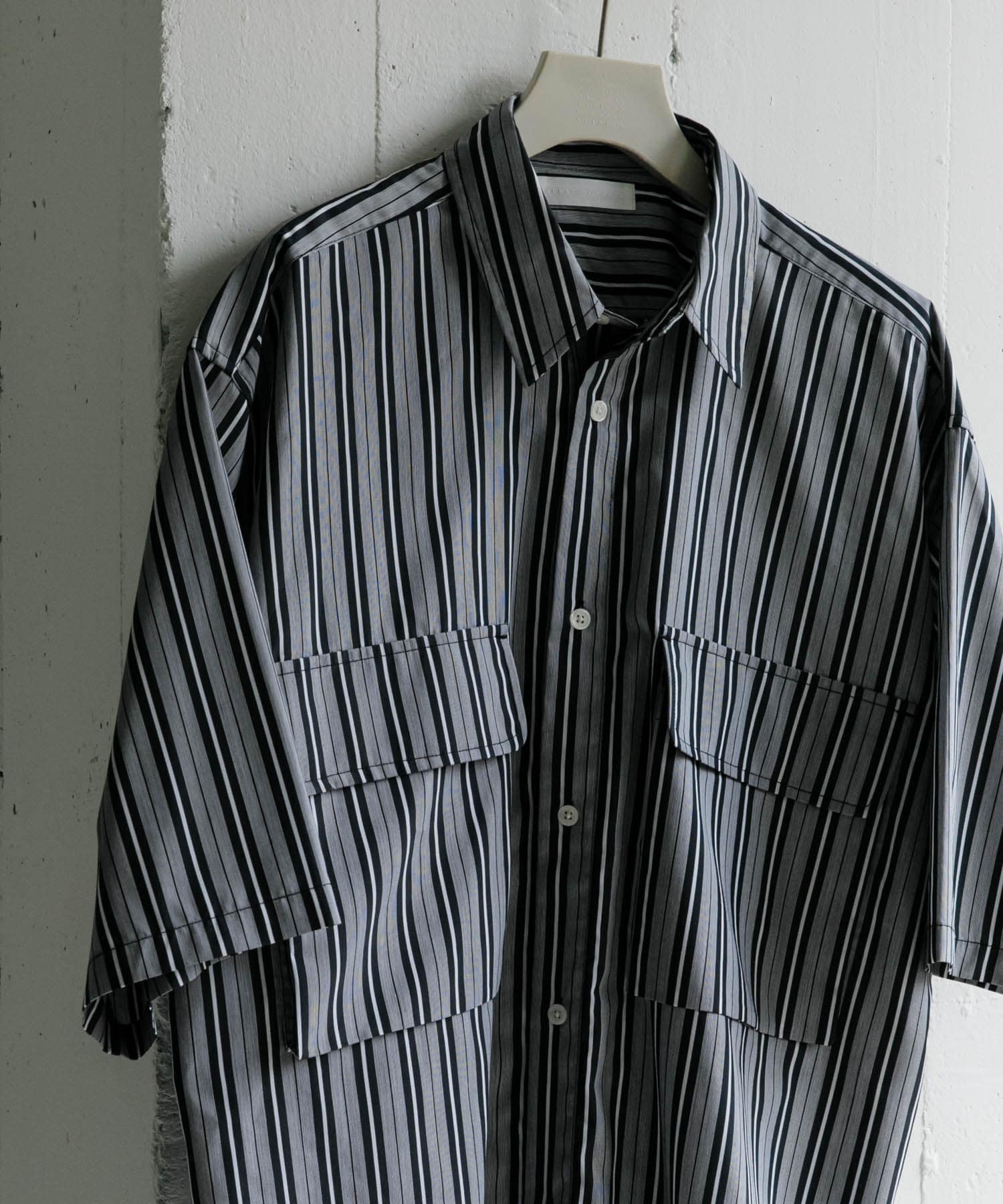 ストライプCPOルーズシャツ(5分袖) BLK×WHT L