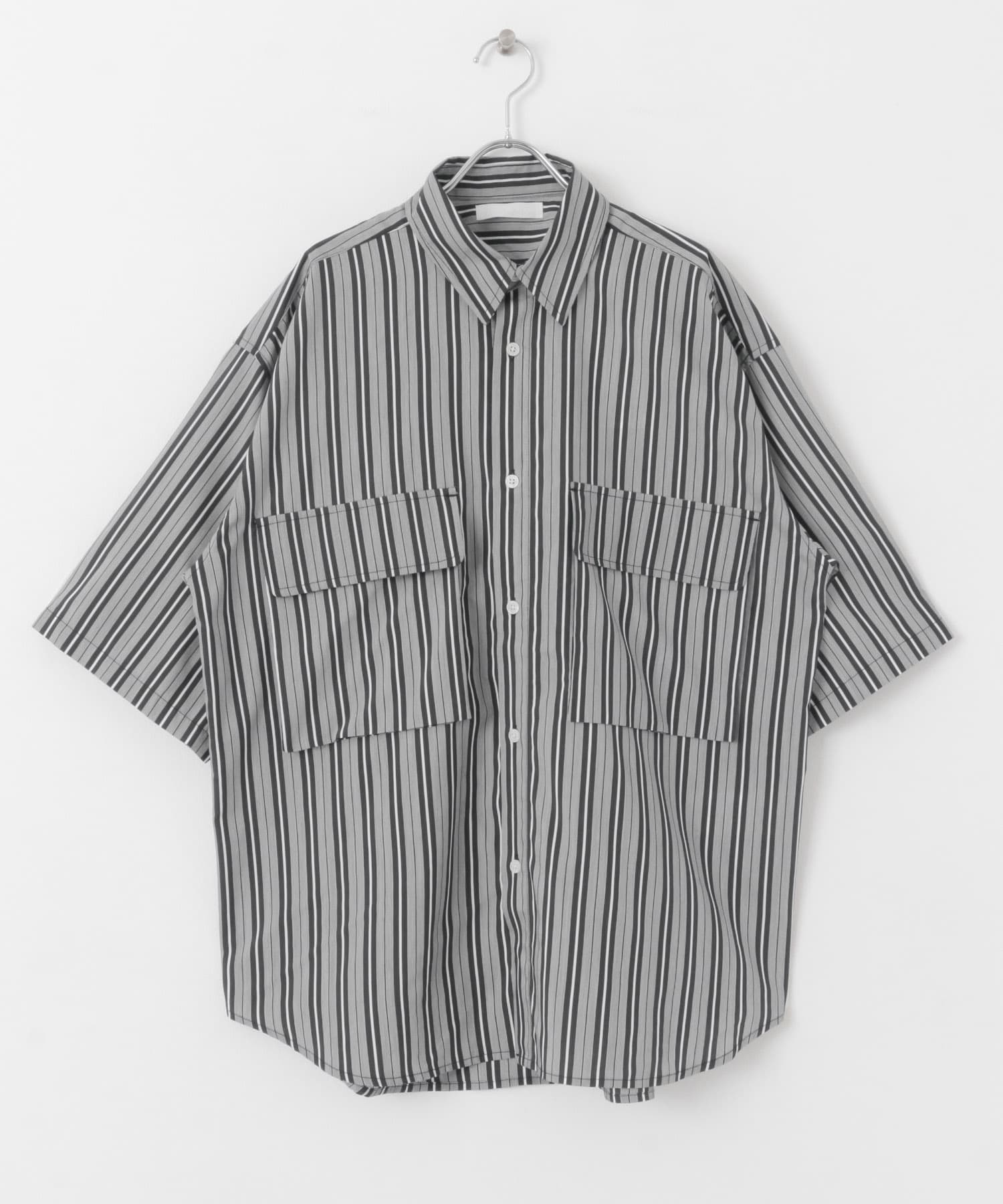ストライプCPOルーズシャツ(5分袖) BLK×WHT M