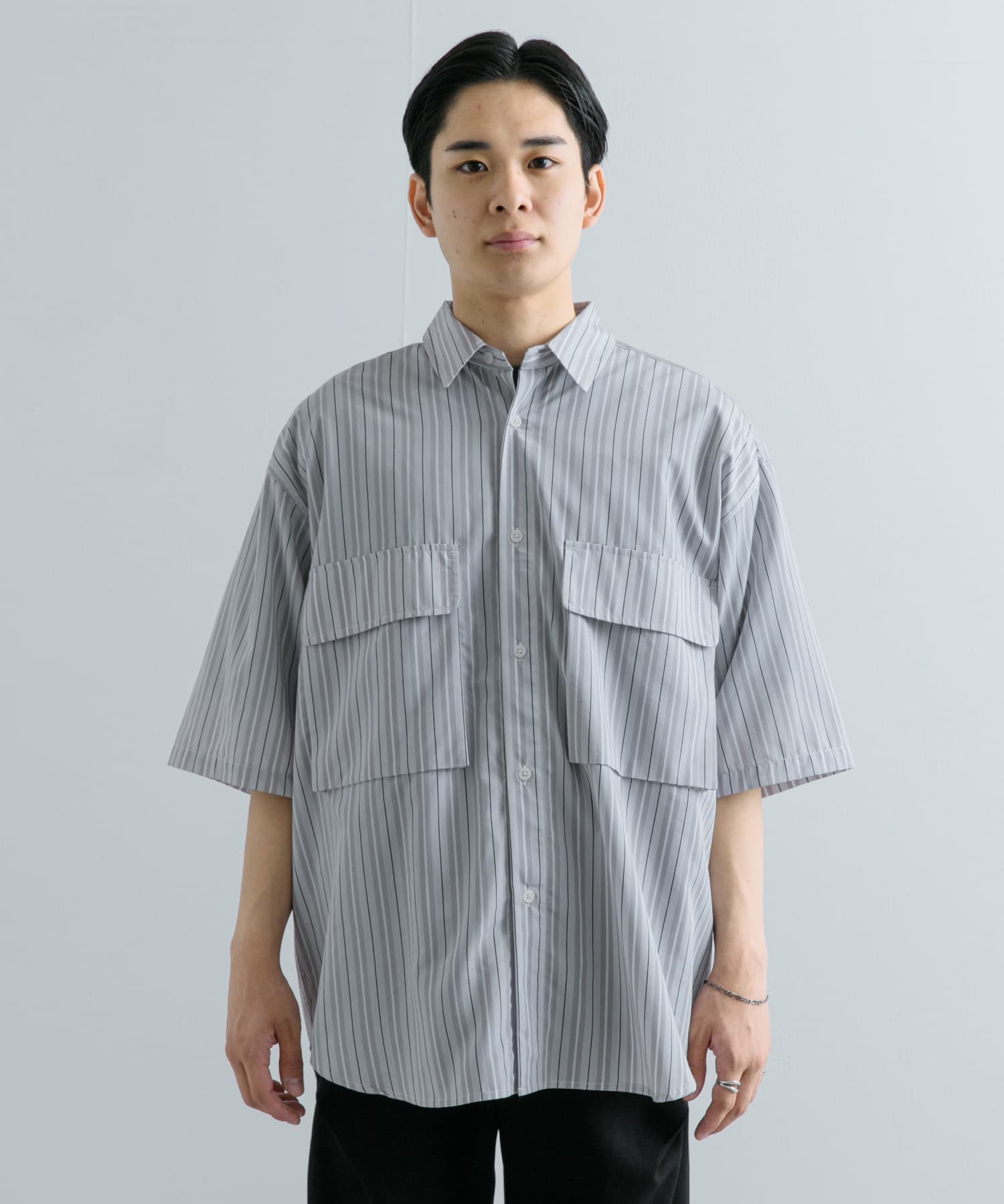 ストライプCPOルーズシャツ(5分袖) LGRY×WHT L