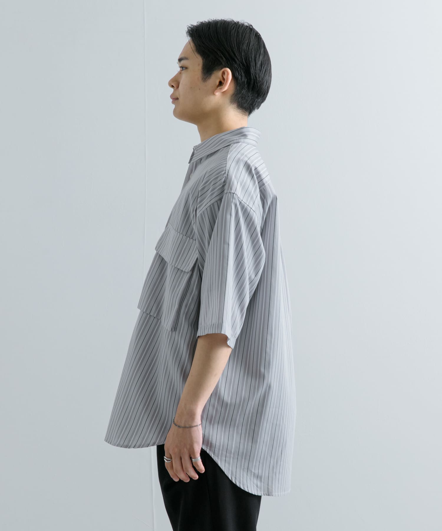 ストライプCPOルーズシャツ(5分袖) LGRY×WHT M