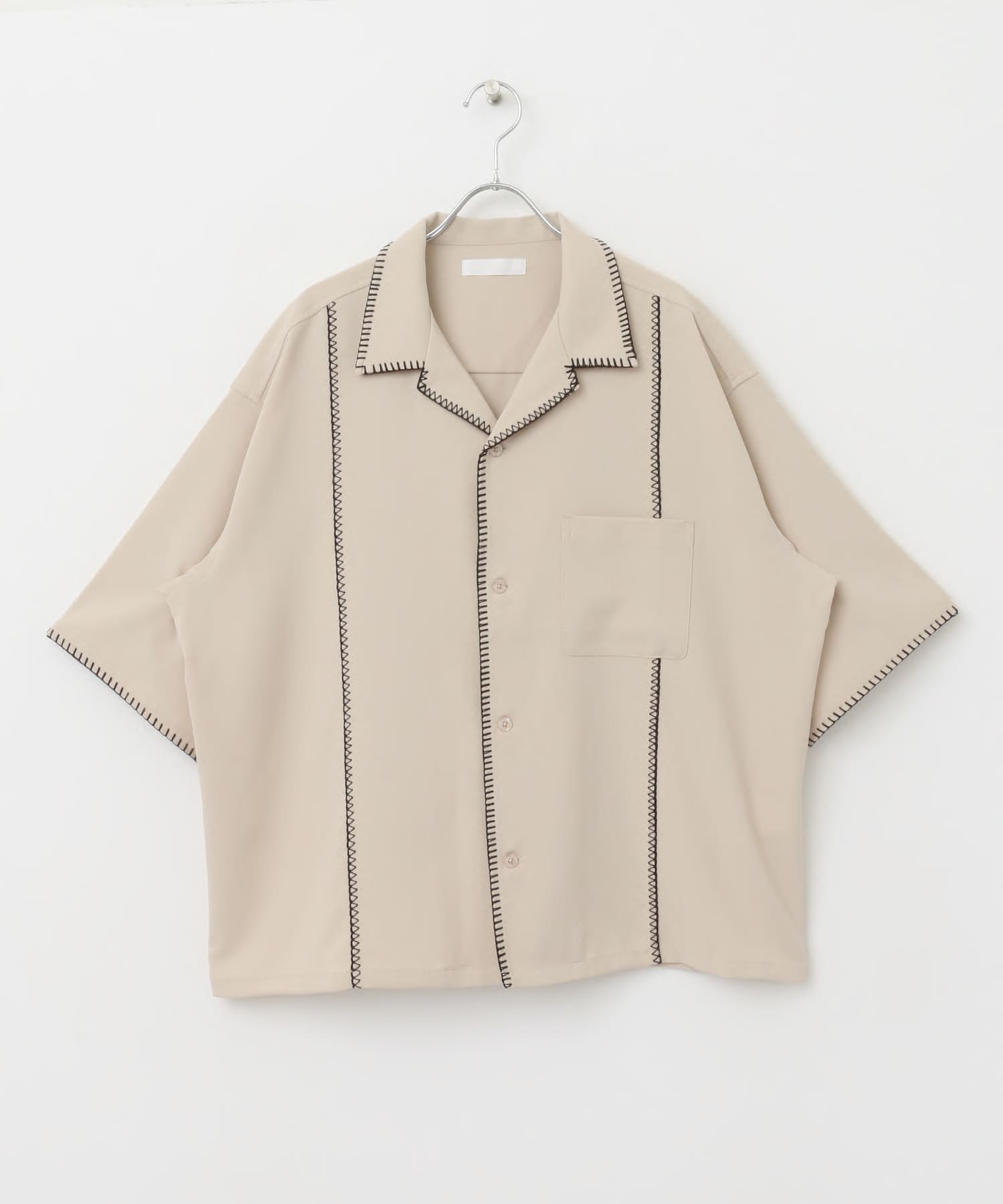 ブランケットステッチショートスリーブシャツ BEG×BLK M