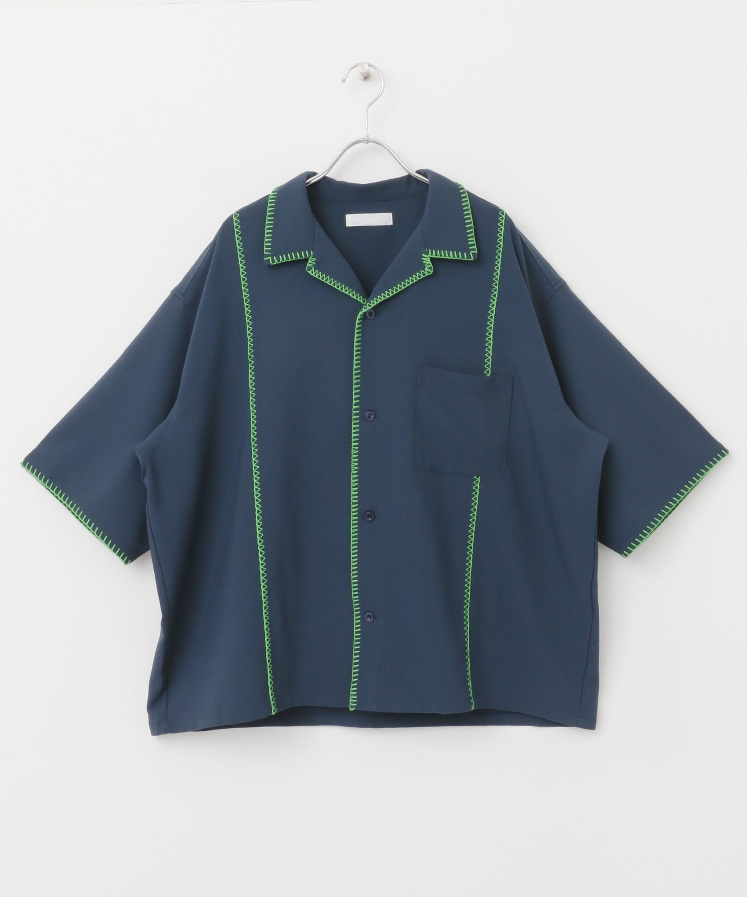 ブランケットステッチショートスリーブシャツ NVY×LIME M