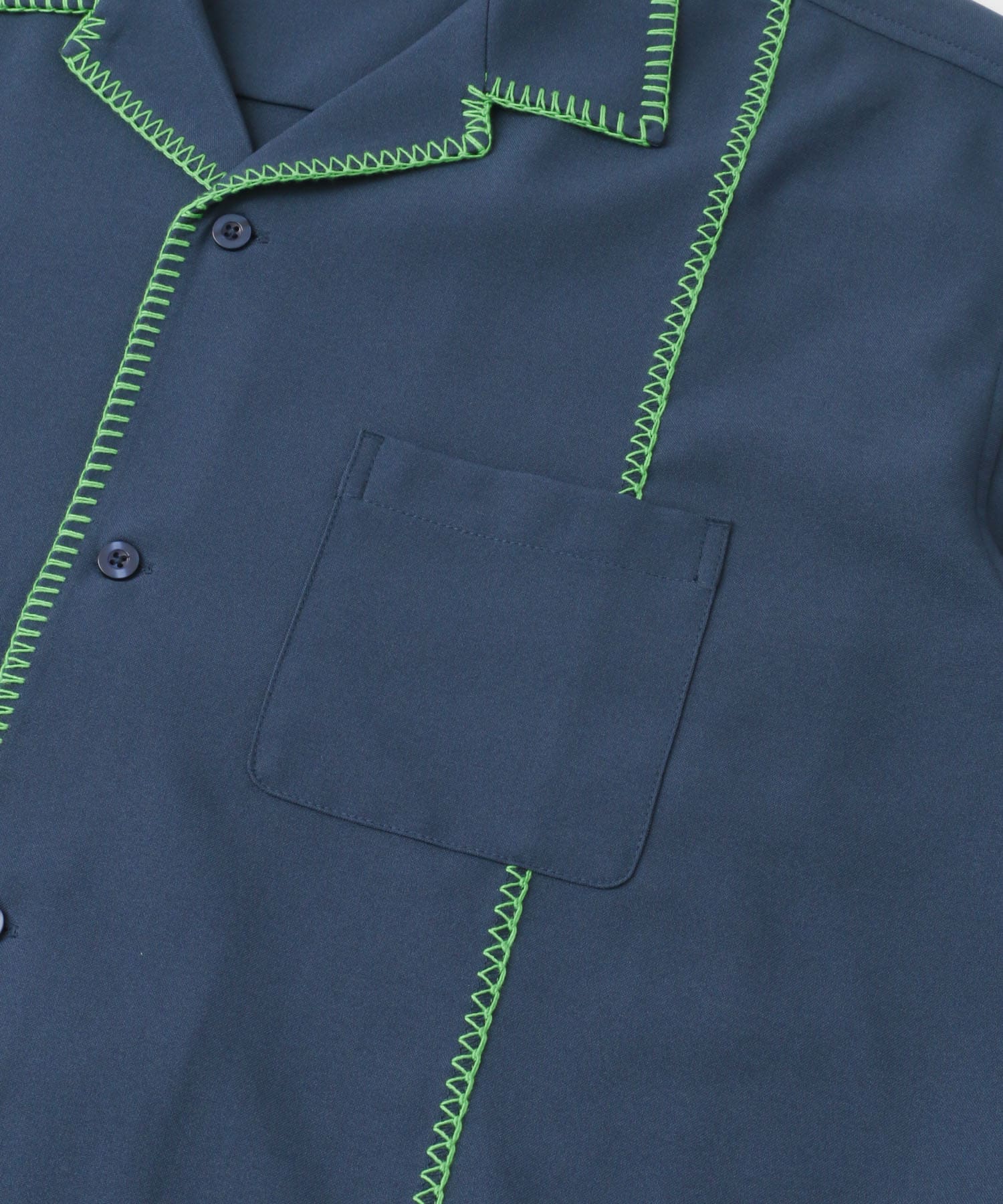 ブランケットステッチショートスリーブシャツ NVY×LIME M