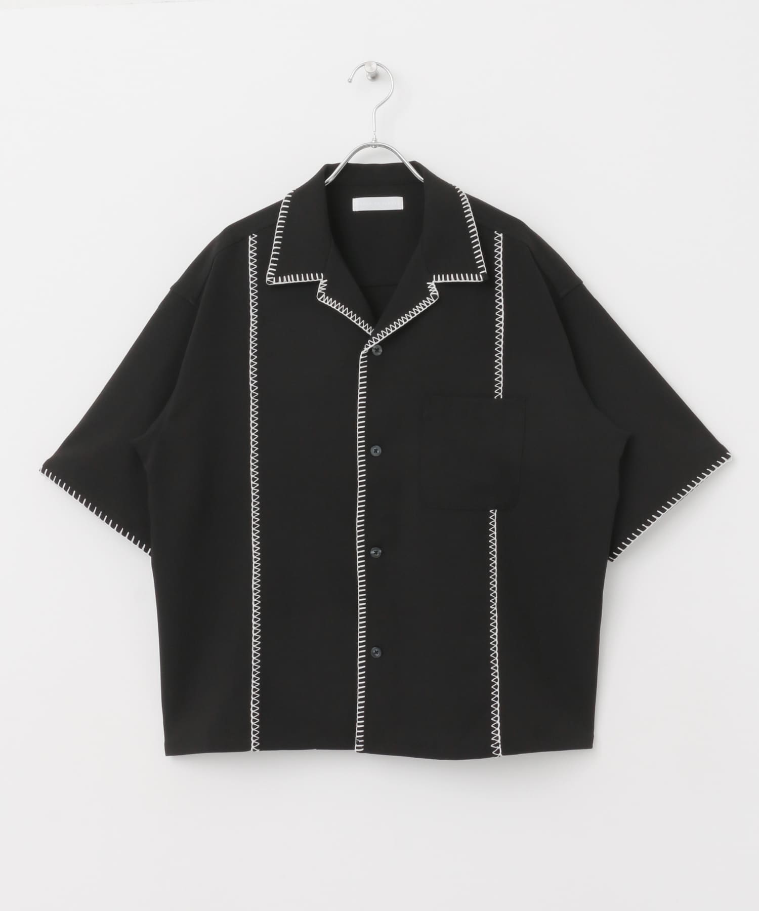ブランケットステッチショートスリーブシャツ BLK×IVO M