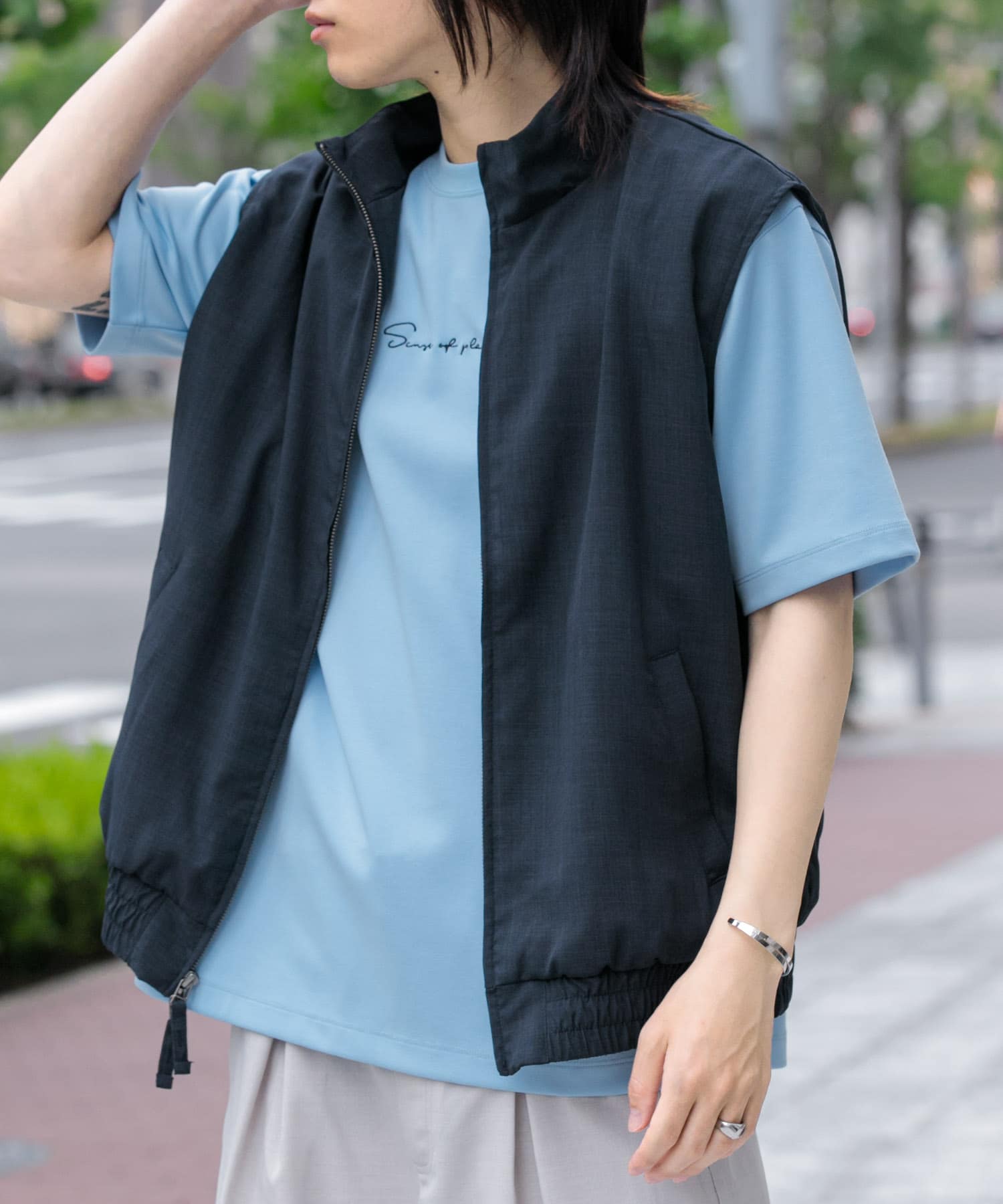 『イージーケア/セットアップ対応』リネンライクスタンドカラーWジップベスト NAVY M