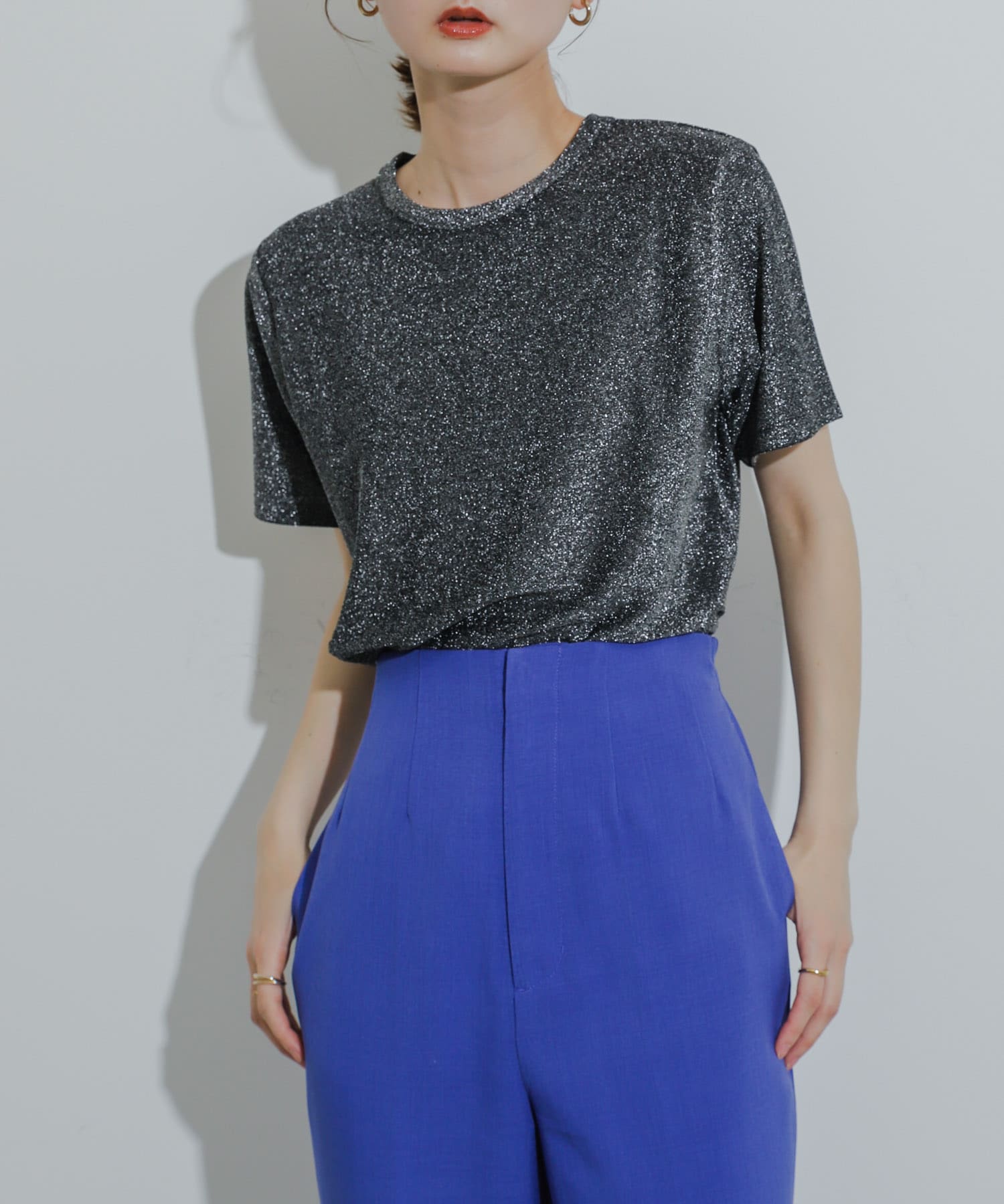 クルーネックラメTシャツ(半袖) BLACK one