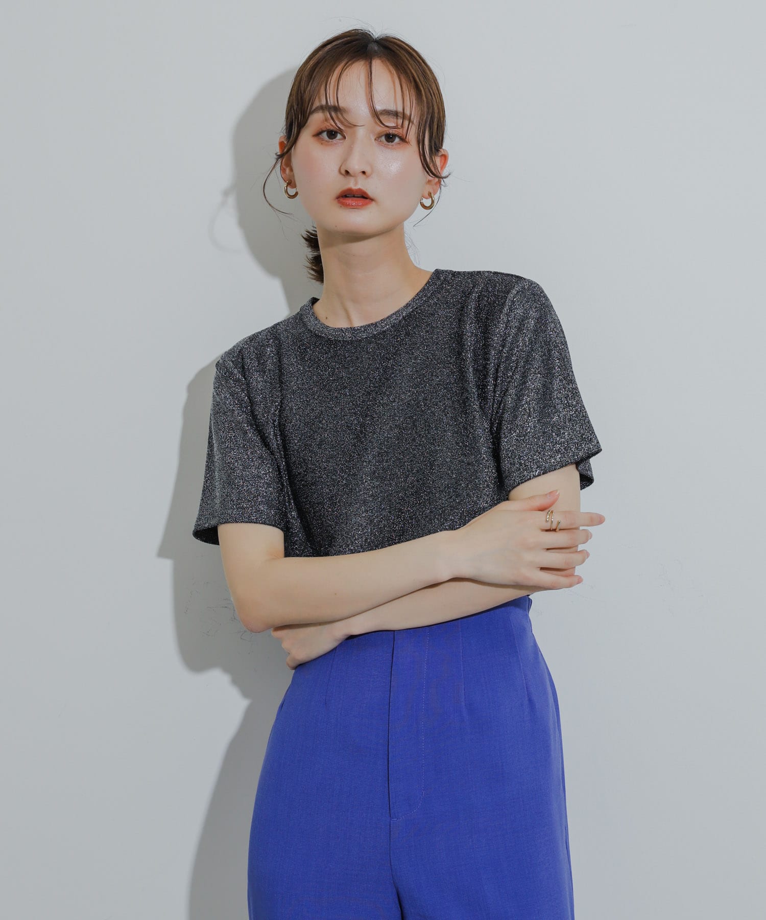 クルーネックラメTシャツ(半袖) BLACK one