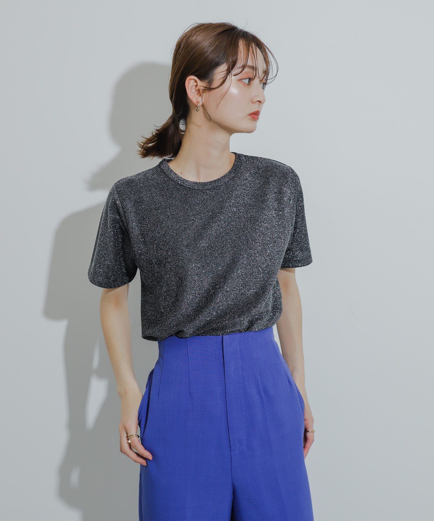 クルーネックラメTシャツ(半袖) BLACK one