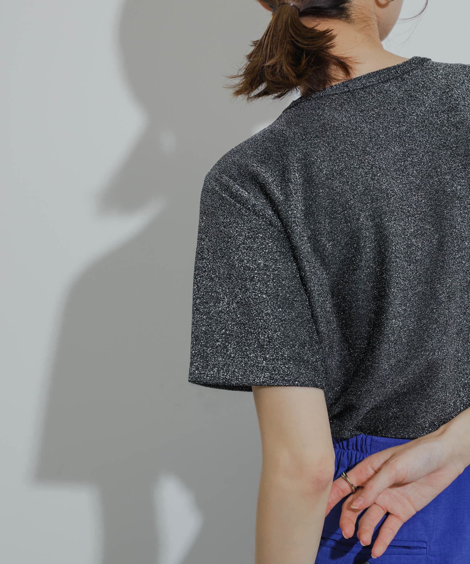 クルーネックラメTシャツ(半袖) BLACK one