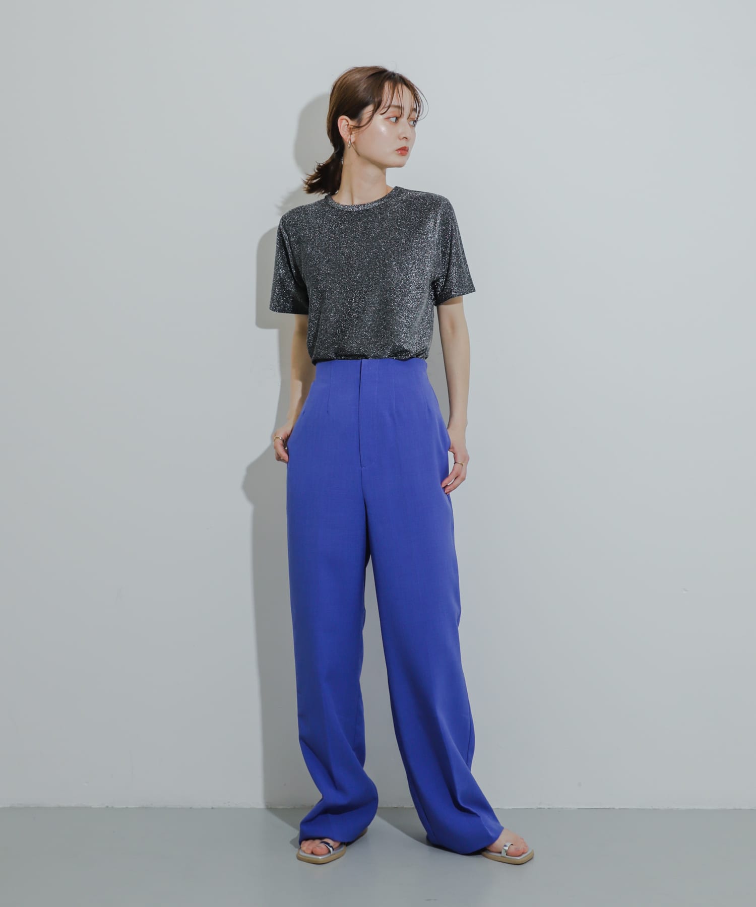 クルーネックラメTシャツ(半袖) BLACK one