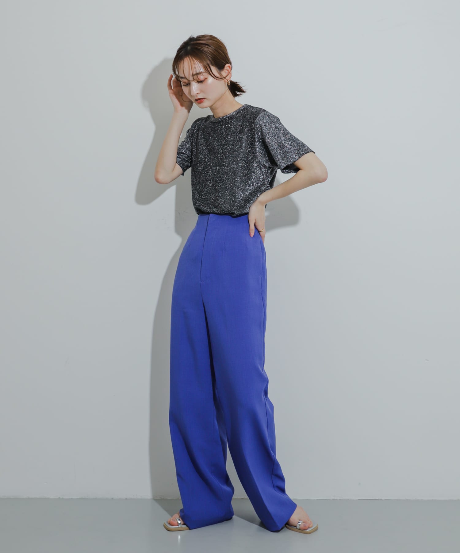 クルーネックラメTシャツ(半袖) BLACK one