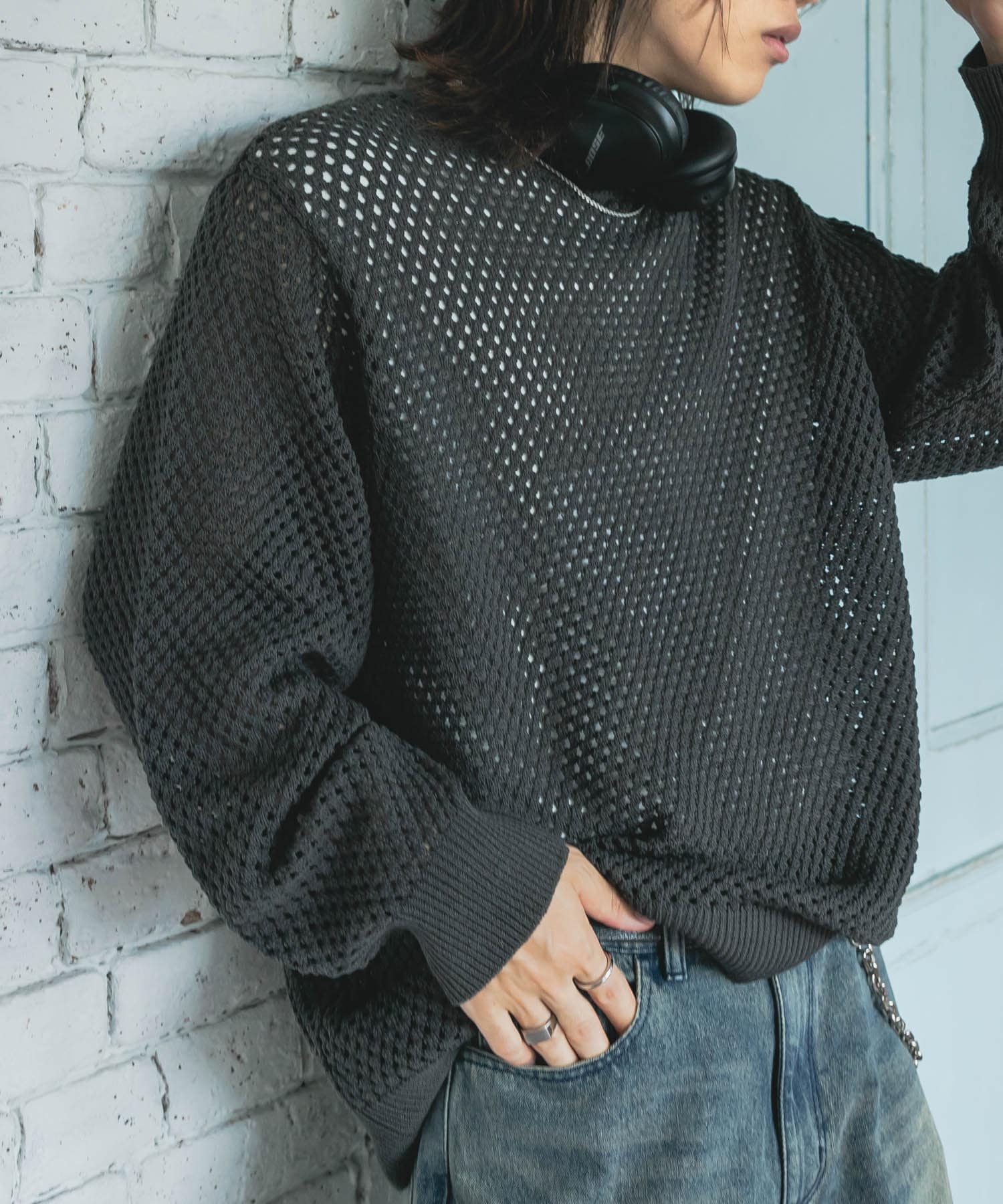 『洗濯可』シアーメッシュクルーネックニット