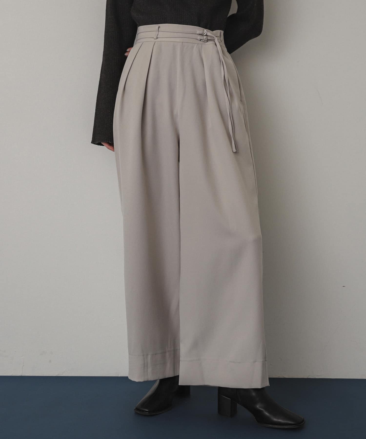 ダブルベルトスラックスワイドパンツ GREIGE S