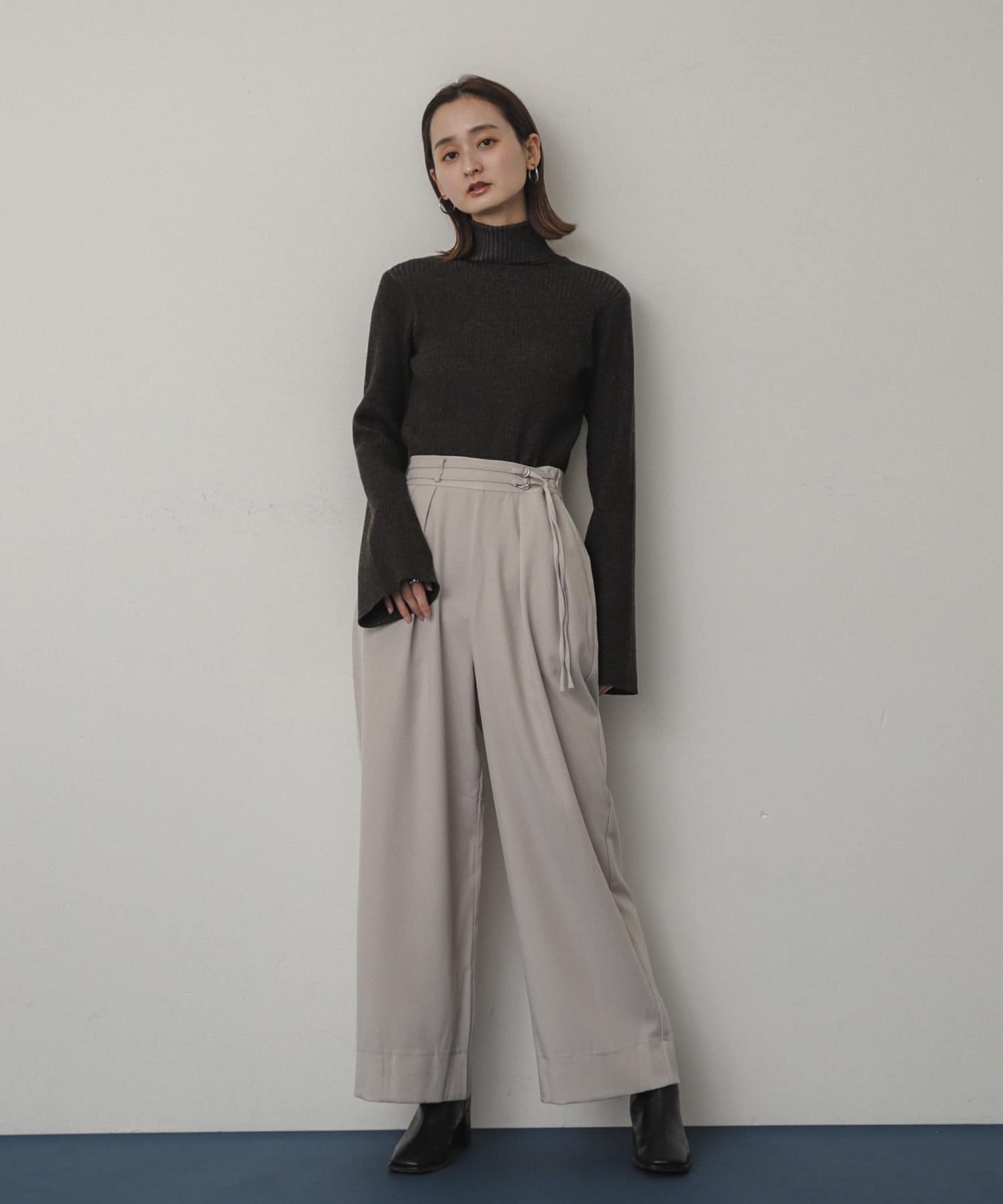ダブルベルトスラックスワイドパンツ GREIGE S