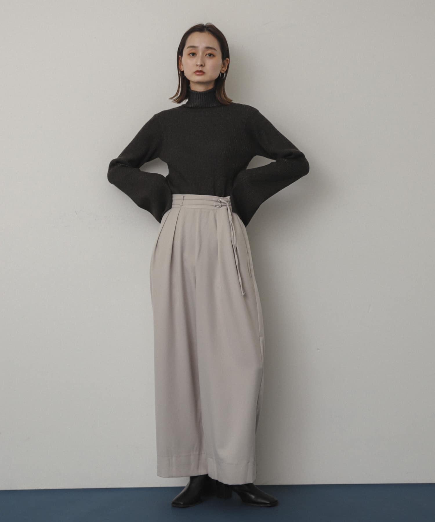 ダブルベルトスラックスワイドパンツ GREIGE S